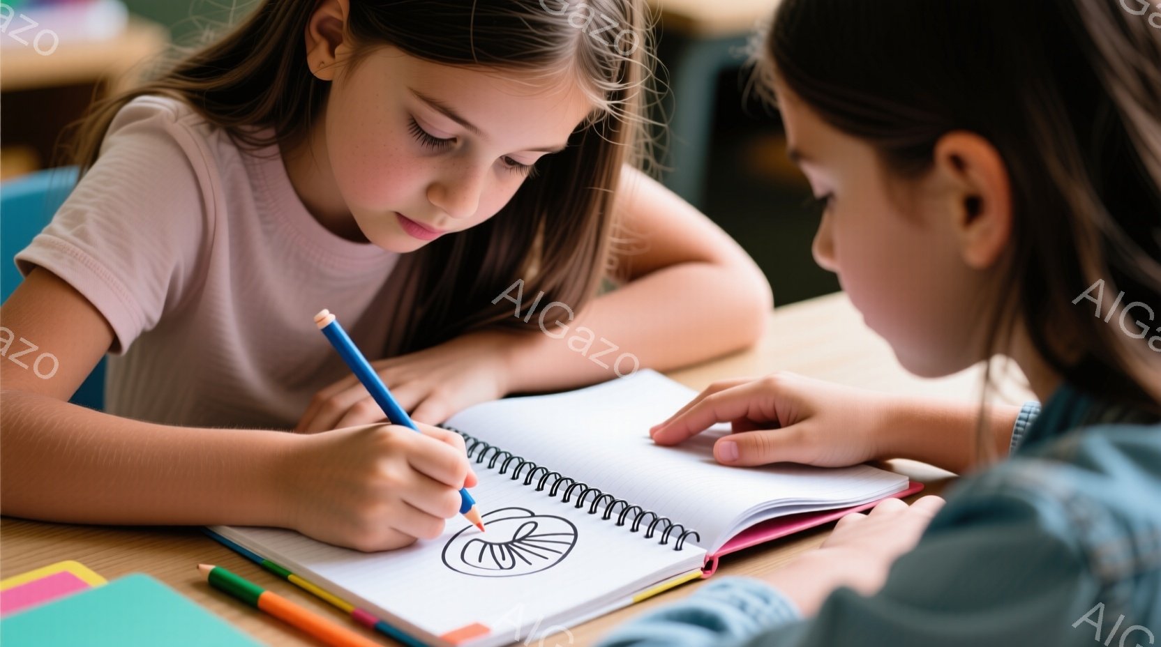 二人の少女が机に向かって何かを描いている様子が写っている。片方の少女は青いペンシルで、もう片方の少女は指でノートの絵を指し示している。明るい木製の机の上にはカラフルなクレヨンが散らばっており、集中した - AI生成フリー素材