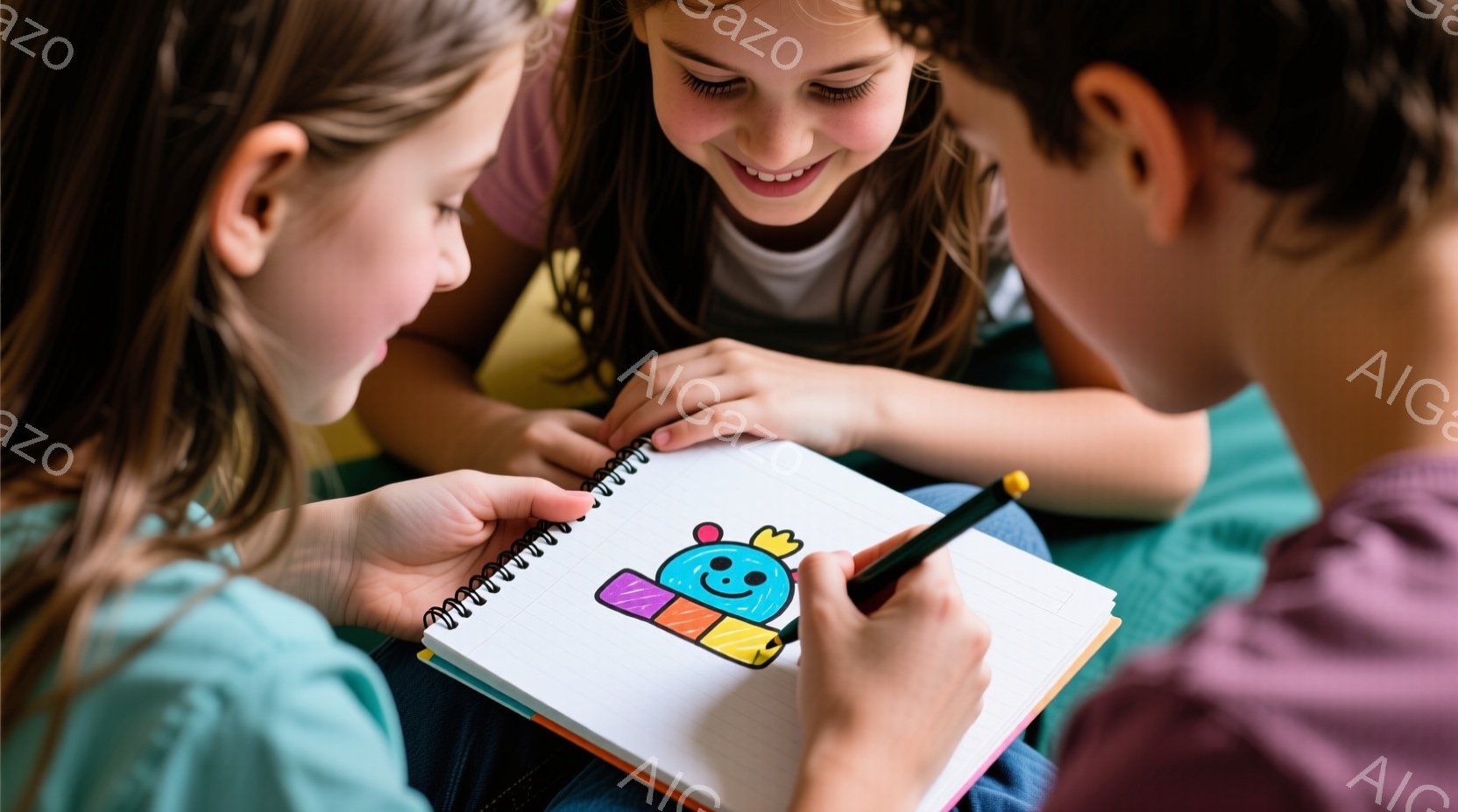 二人の子供が膝を抱えてノートに向かい、一緒に絵を描いている様子が写っています。少女は赤色のシャツを着ており、長い茶色の髪をしています。男の子は青色のシャツを着ており、集中して鉛筆でクマの絵に色を塗っています。