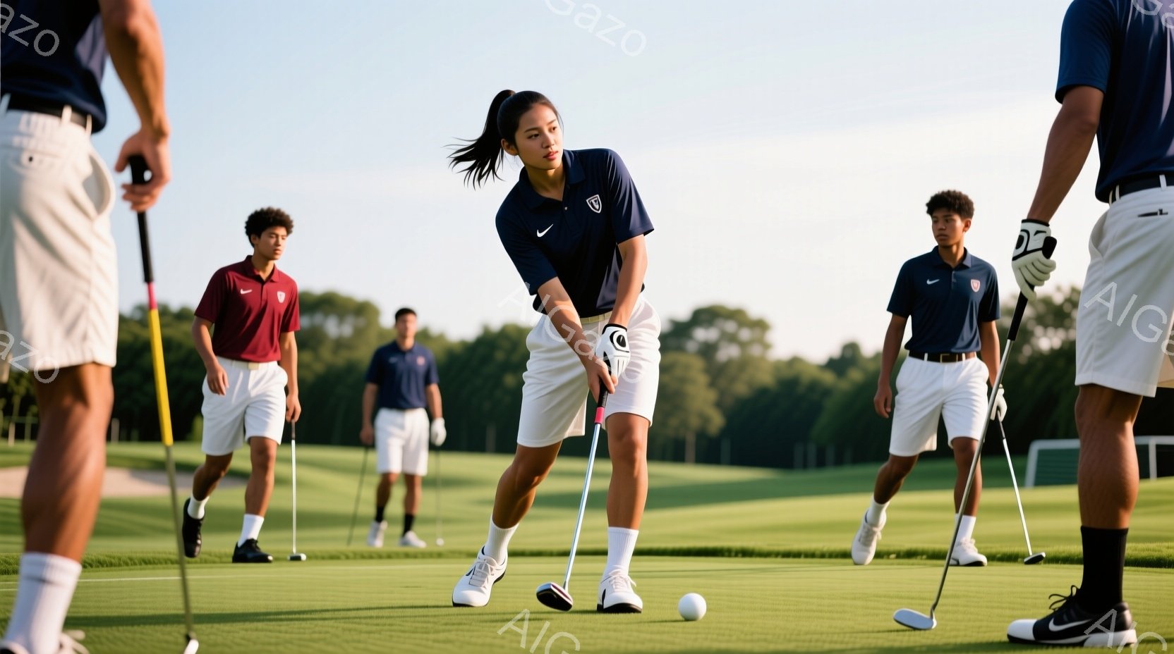 ゴルフコース上で、若い女性がパットをしている写真です。彼女は濃い青色のポロシャツに白のショートパンツ、白い靴下とスニーカーを履き、髪はポニーテールにしています。背景には他のゴルファーや緑豊かな木々が見え、晴天で穏やかなゴルフを楽しむ様子が伝わってきます。