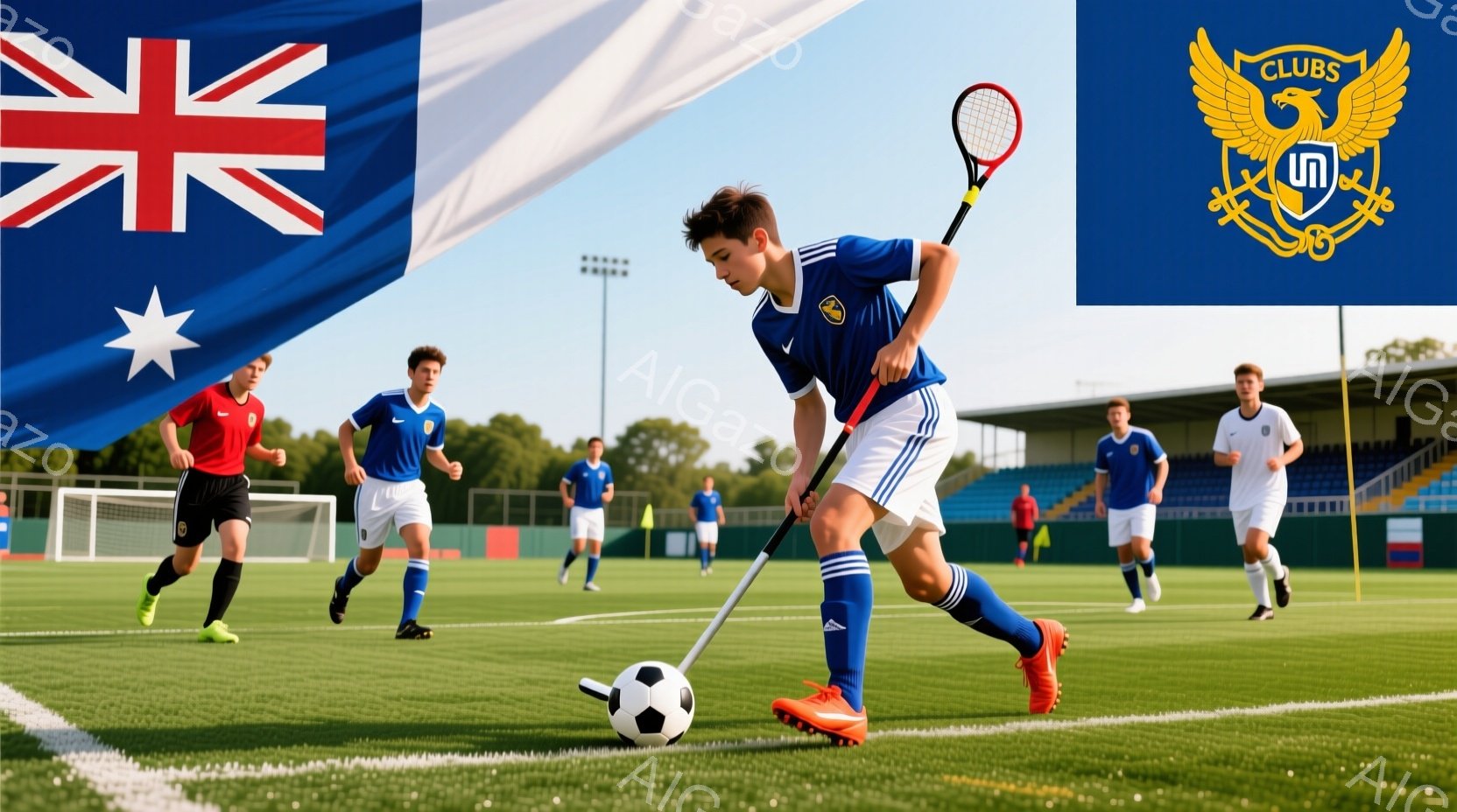 鮮やかな緑の芝生の上で、少年たちがホッケーの試合をしている様子が写っている。青いユニフォームを着た少年がホッケーのスティックでボールを打ち、他の少年たちはその動きを見守っている。背景には観客席や建物が - AI生成フリー素材