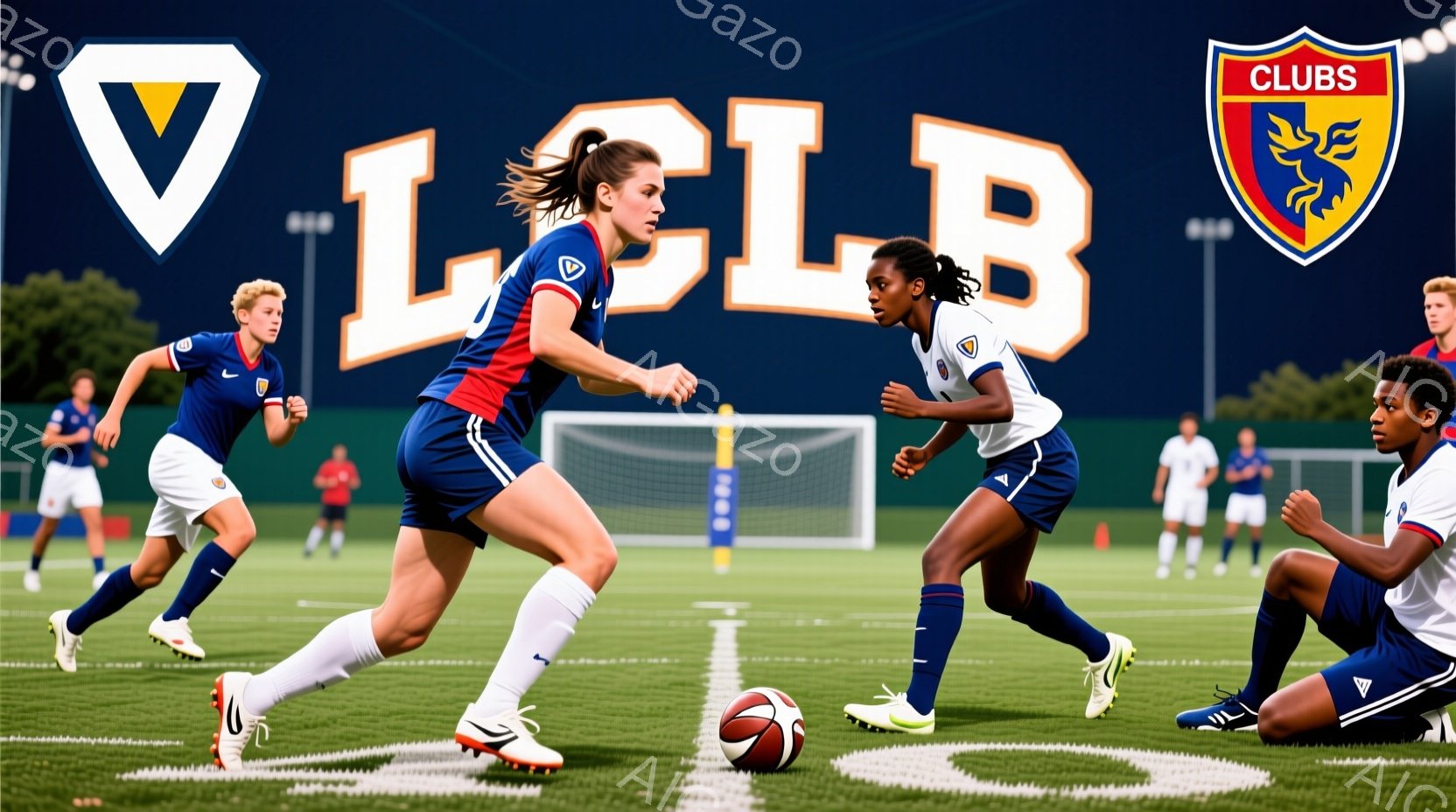 サッカーの試合中の様子で、複数の若い女性選手が緑の芝生の上を走っている。一人の選手は髪をポニーテールにし、赤いシャツと紺色のショートパンツ、白いソックスを着用し、ボールを追いかけている。背景にはサッカーゴールと他の選手たちがおり、晴れた日の活気ある雰囲気を感じさせる。