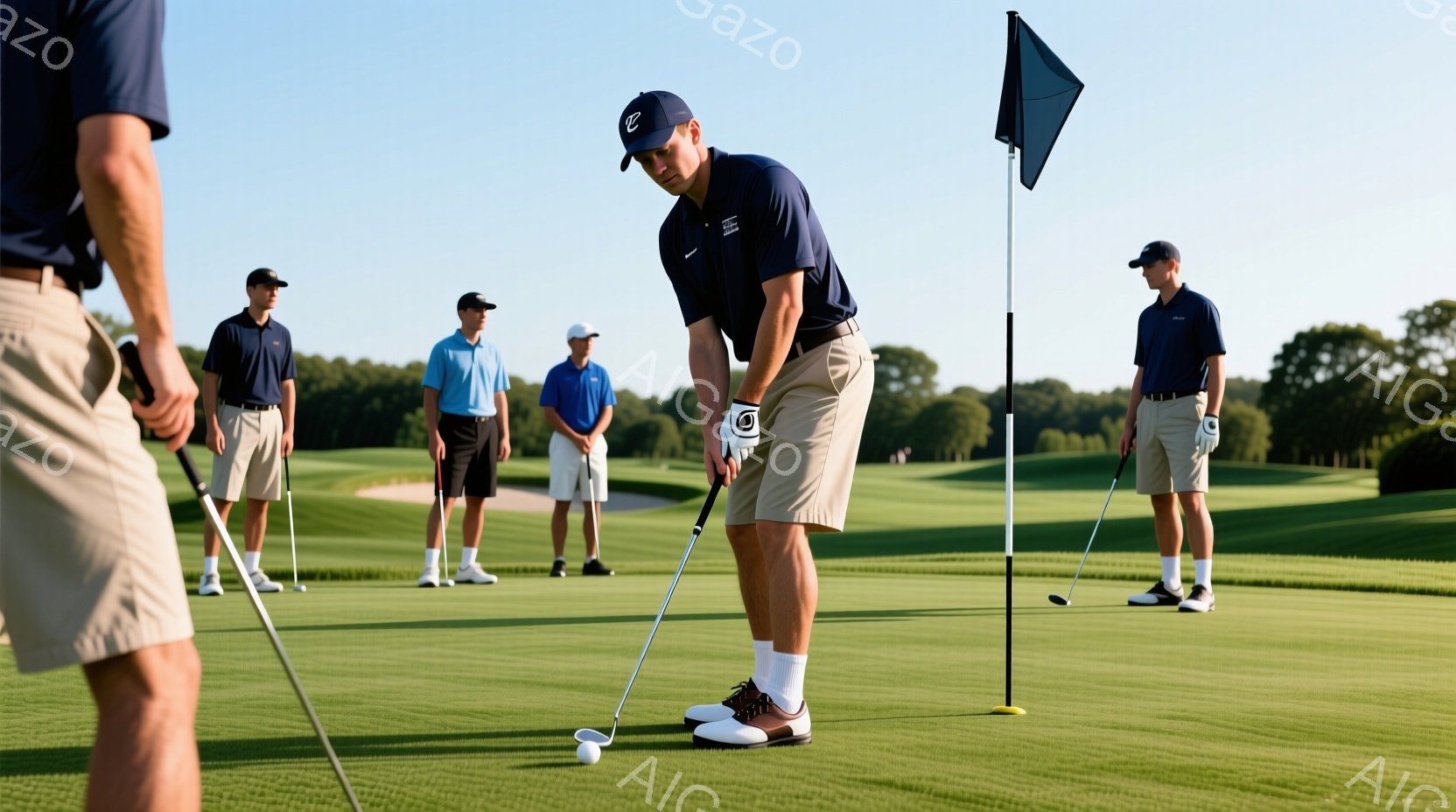 ゴルフコースでパットをしている男性たちが写っています。紺色のポロシャツとベージュのショーツ、白い靴下とゴルフシューズを着用し、一部はキャップを被っています。背景には緑豊かな芝生と木々、そして晴れた空が広がっており、穏やかでリラックスした雰囲気が漂っています。