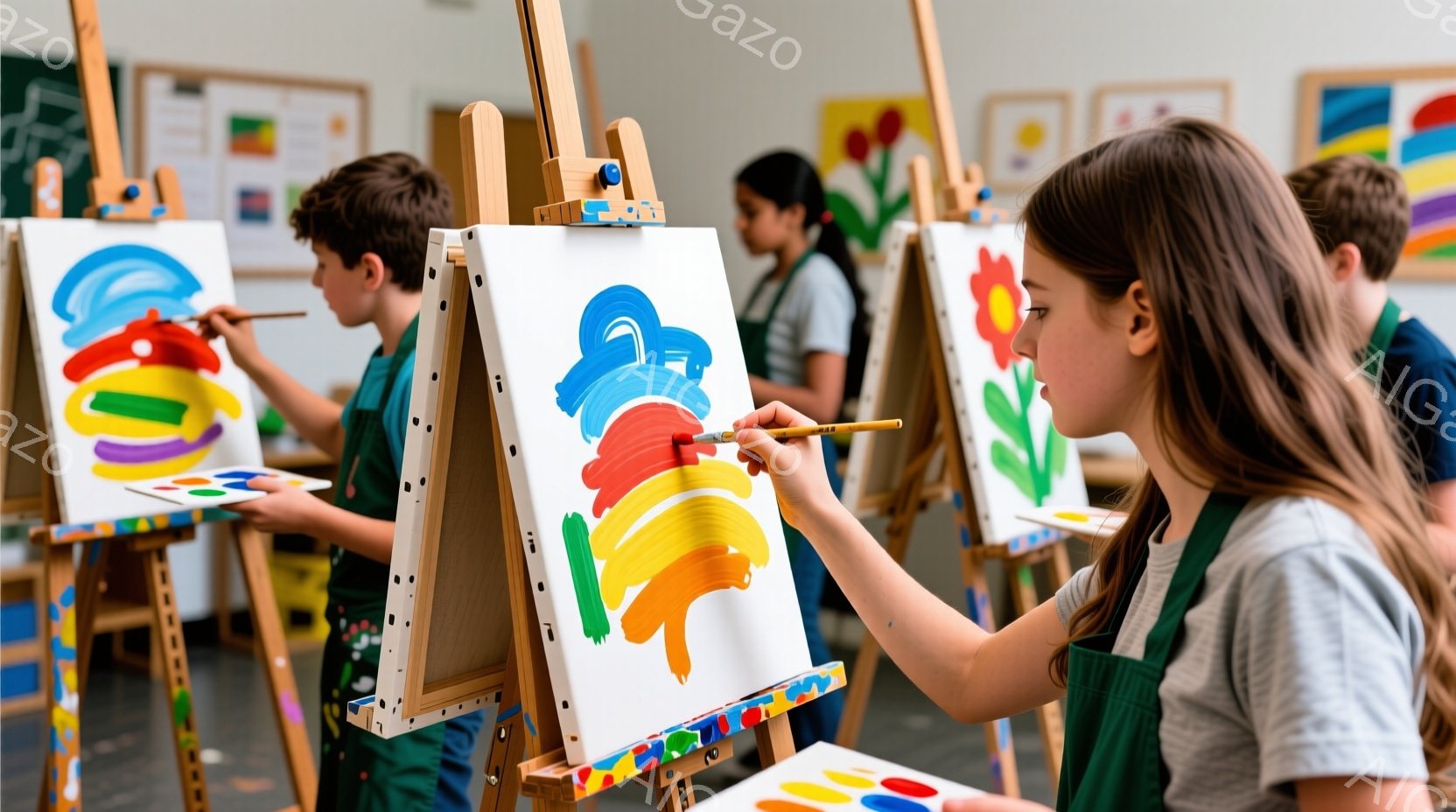 子供たちがアート活動をする場所の中で、女性の子どもが鉛筆を手に、色彩豊かな油彩画を描いています。彼らは集中して作業しており、それぞれの絵画の進行状況がよく表現されている。背景には、白壁と木目調のカウンターが見え、自然光が流れており、空気は安らかで集中的な雰囲気が漂っています。