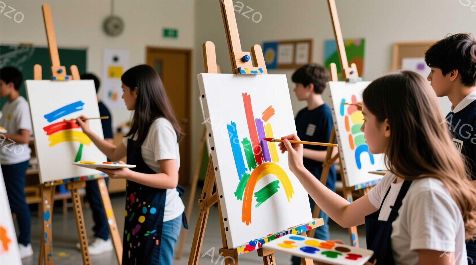 複数の子供たちがイーゼルに向かって絵を描いている様子が写っています。子供たちはそれぞれ白地にカラフルな帯を塗った抽象的な絵を描いており、エプロンを着て、集中して筆を走らせています。背景には他の子供たち - AI生成フリー素材