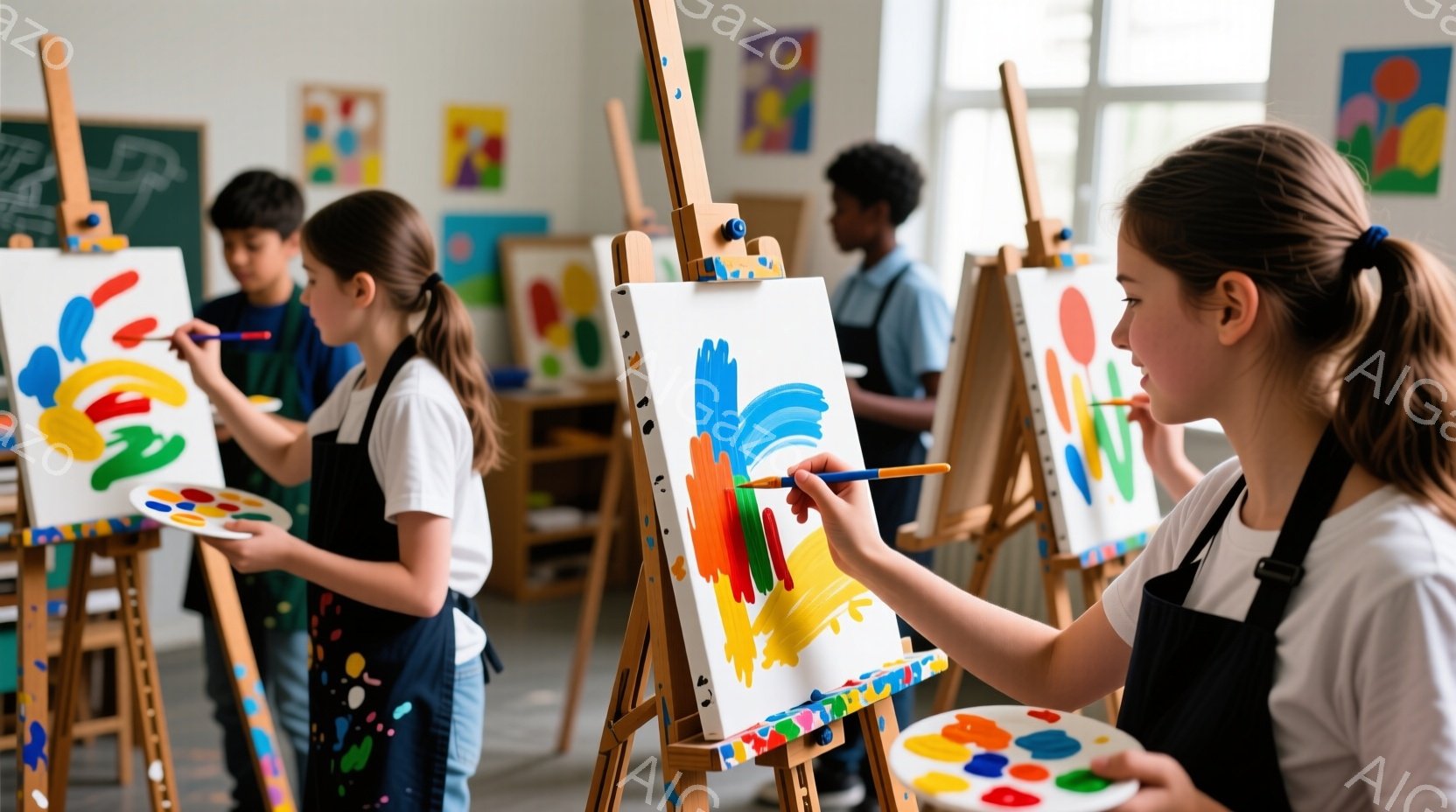 子供たちがイーゼルに向かい、絵を描いている様子が写っている。彼らはエプロンを着ており、カラフルな絵の具をパレットに乗せ、真剣な表情で筆を走らせている。背景には他の子供たちの作品が飾られ、明るい雰囲気の絵画教室であることがわかる。