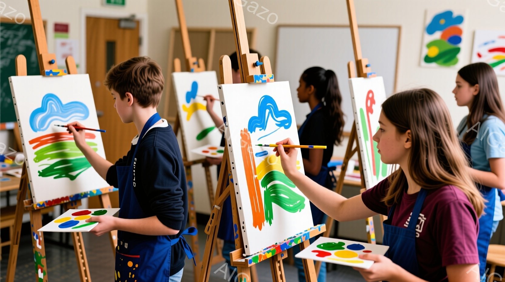 子供たちがイーゼルに向かい、絵を描いている様子が写っている。彼らは皆、エプロンを着ており、さまざまな色の絵の具を使ってキャンバスに鮮やかなストライプを描いている。背景には、他のイーゼルと、抽象的な絵が飾られた壁が見え、明るく活気のある雰囲気である。