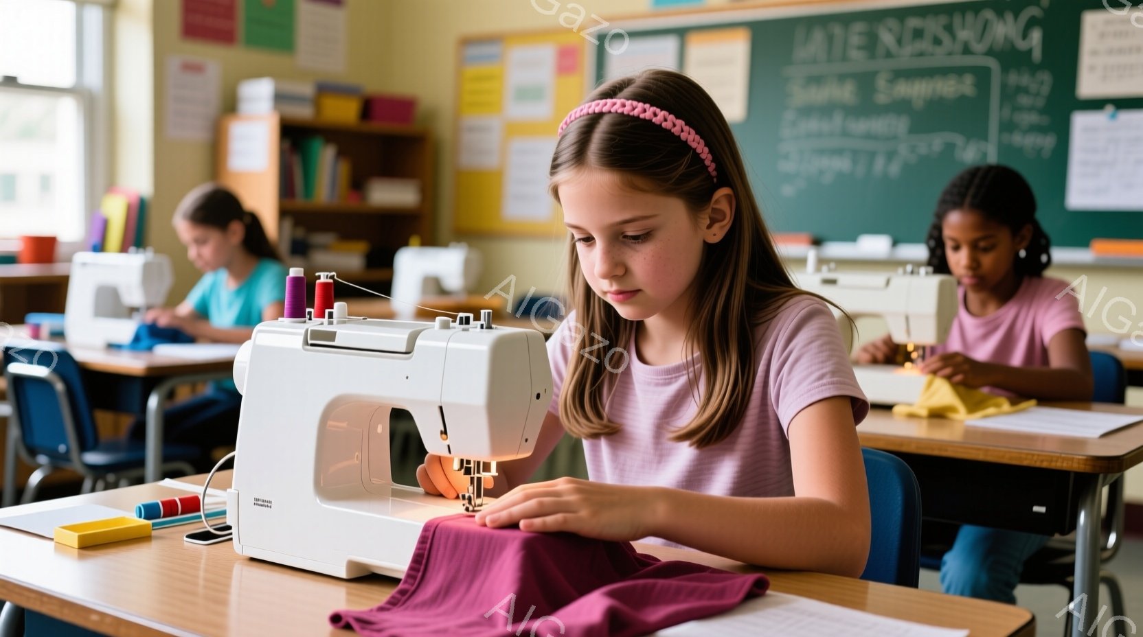 少女がミシンを使って濃いピンク色の布を縫っています。彼女は紫色のTシャツを着ており、髪は後ろでまとめて赤いヘアバンドをつけています。教室には他の生徒もおり、背景には黒板が見え、全体的に明るく学習的な雰 - AI生成フリー素材