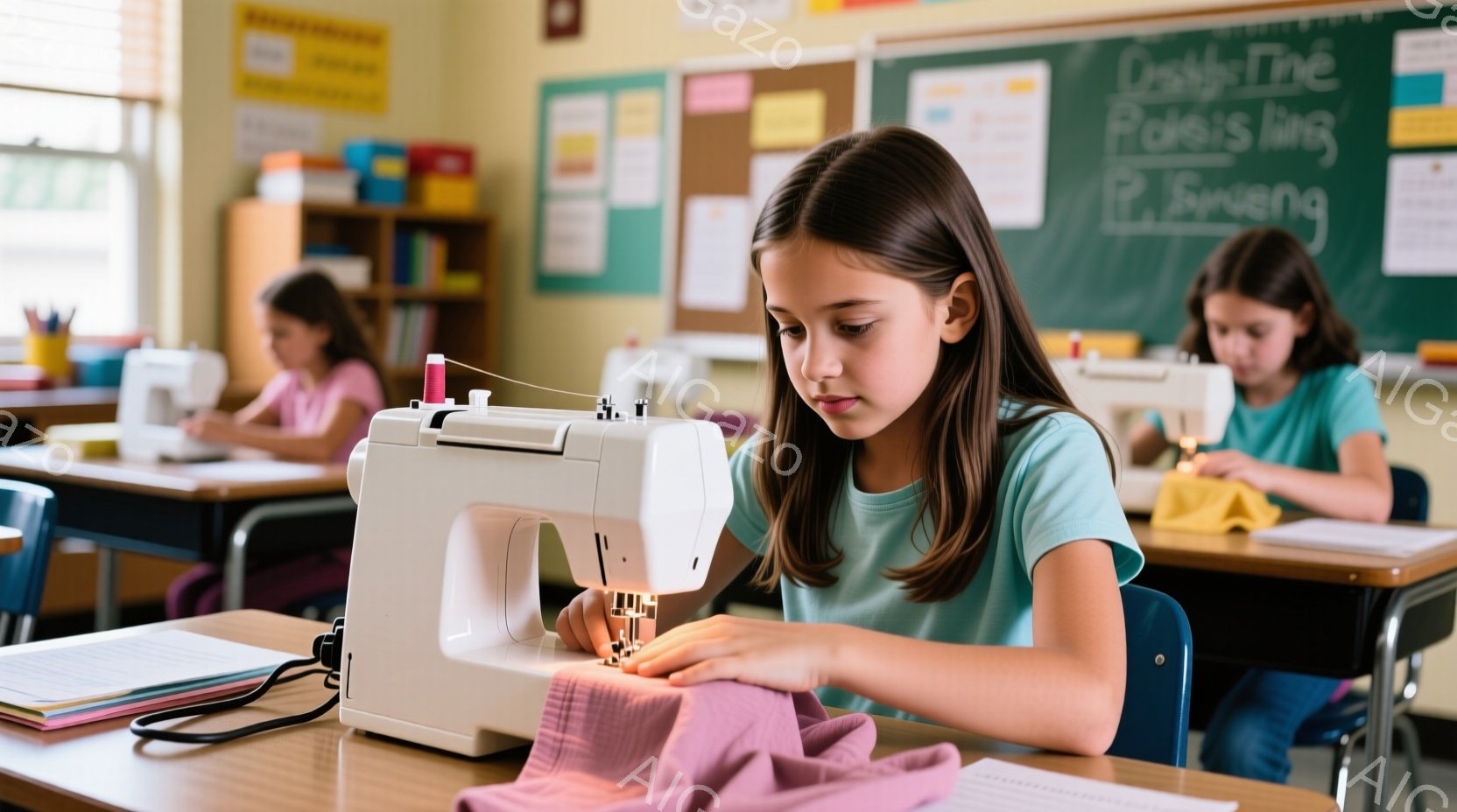 少女がミシンを使ってピンク色の布を縫っています。彼女は明るい緑色のTシャツを着ており、長い茶色の髪は肩まで伸びています。背景には教室があり、他の生徒たちがミシンを使っているのが見え、全体的に明るく活気 - AI生成フリー素材