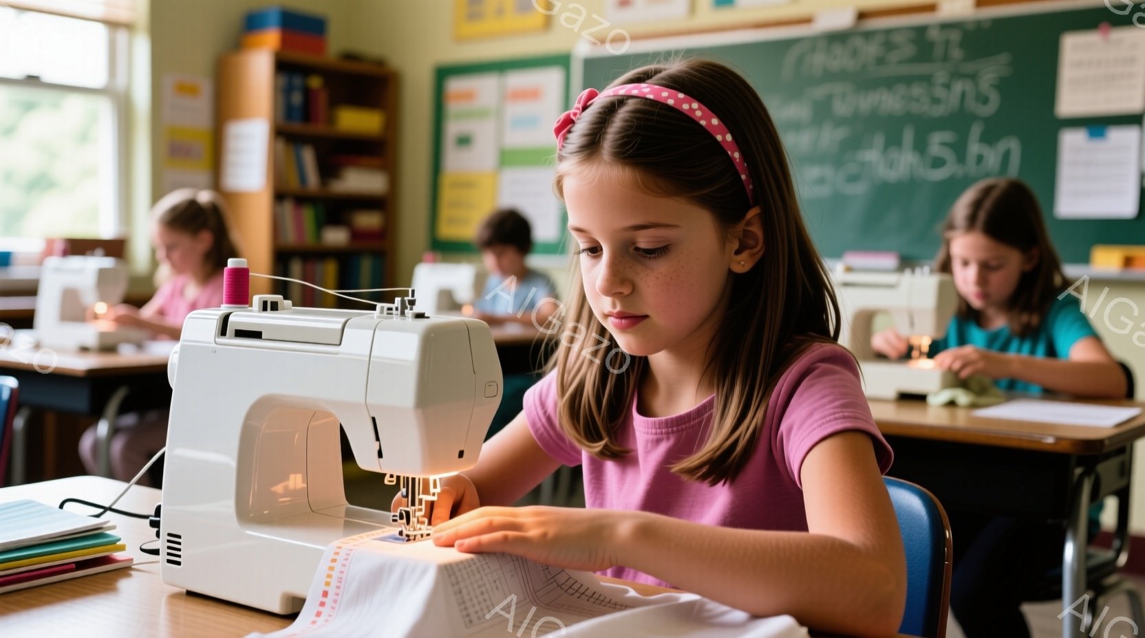 茶髪でヘアバンドをつけた少女がミシンを使って布を縫っています。ピンク色のTシャツを着て集中した表情で作業に取り組んでおり、教室の机に座って姿勢良く縫い進めています。背景には他の生徒たちが手芸の授業を受けており、明るく活気のある雰囲気です。