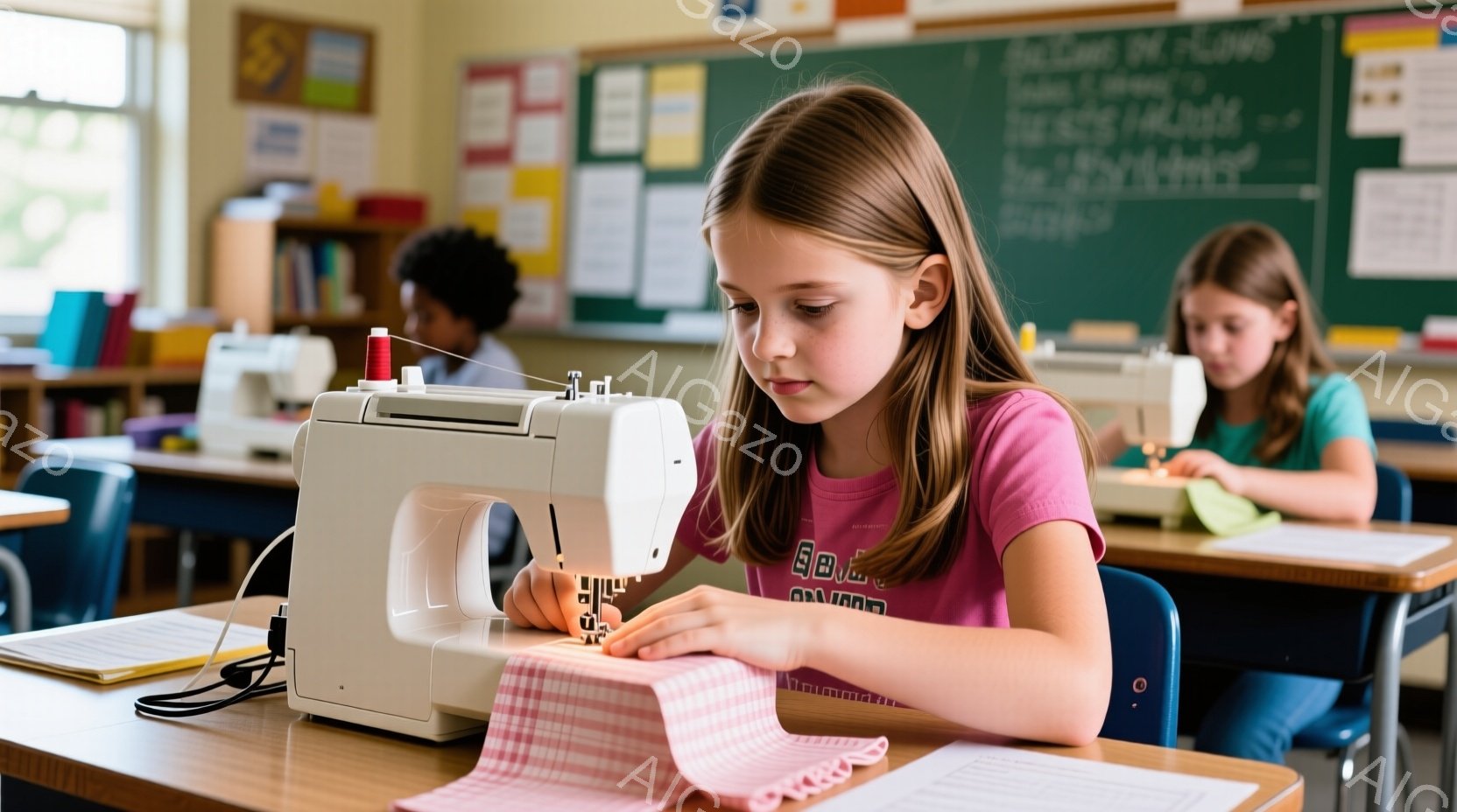教室で若い女の子がミシンを使って赤いチェック柄の布を縫っています。彼女はピンク色のTシャツを着ており、髪は長くストレートです。背景には他の生徒と黒板があり、教室の穏やかで集中した雰囲気を醸し出していま - AI生成フリー素材