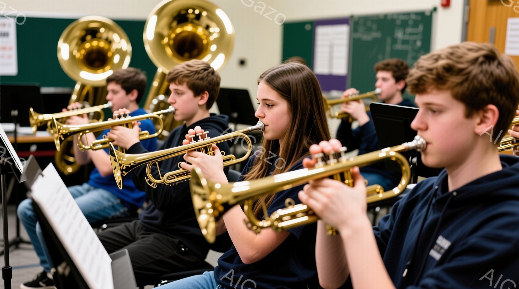 吹奏楽団の生徒たちが金色のトランペットを演奏している様子が写っています。生徒たちは濃い青色の制服を着ており、集中した表情で楽器を構えています。背景には、他の金管楽器や楽譜が置かれた教室があり、活気のあ - AI生成フリー素材
