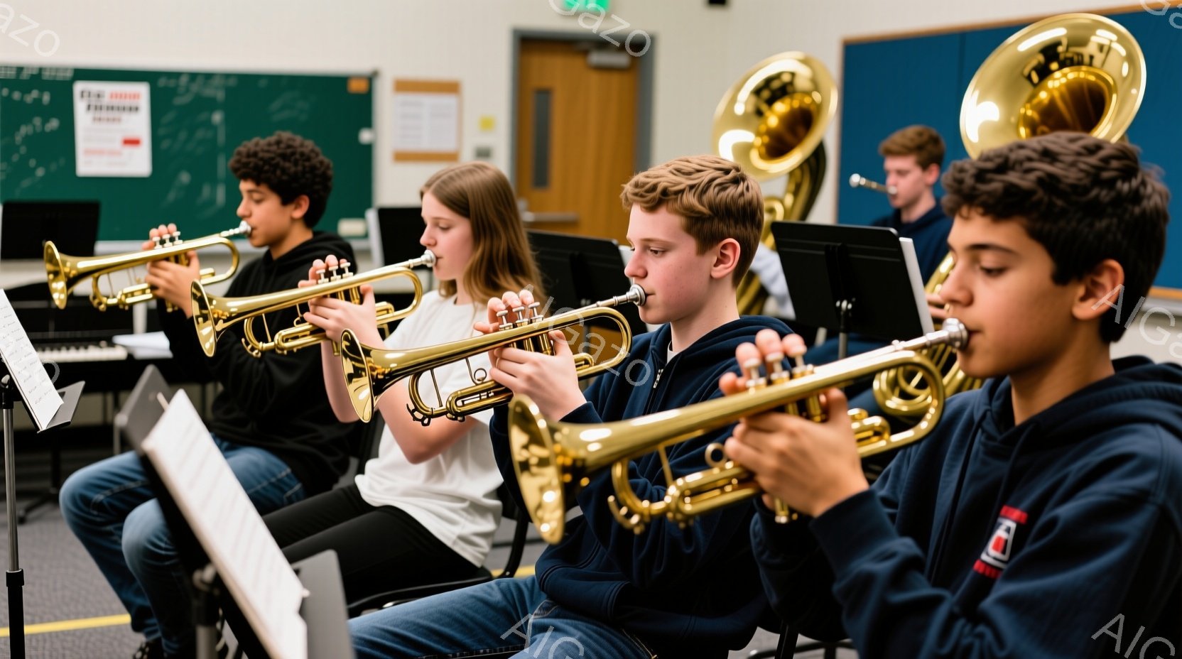金管楽器を演奏する4人の生徒が写っています。彼らは皆、濃い青色のセーターを着ており、楽譜を見ながらトランペットやユーフォニウムを吹いています。背景には、黒板、楽器、そして教室のドアが見え、練習に集中した落ち着いた雰囲気が漂っています。