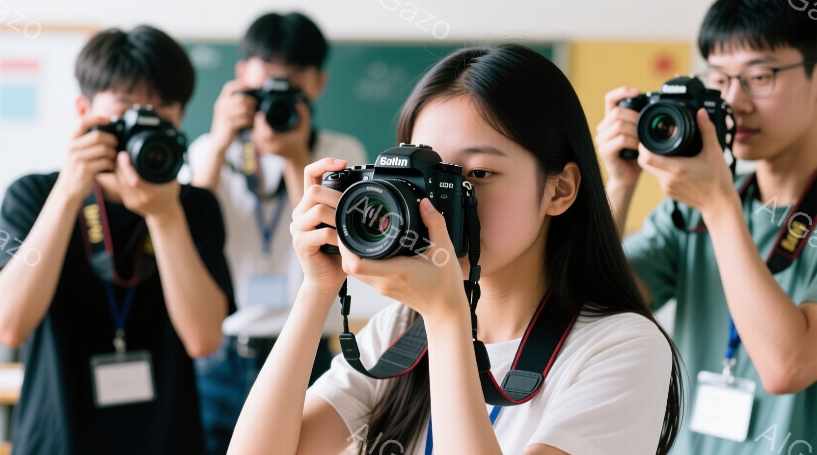 複数の人々がカメラを持って撮影している様子が写っている。中央の女性は白いシャツを着ており、黒髪をセンターパートにしている。彼女はカメラを顔の前に構え、集中した表情で何かを捉えようとしている。