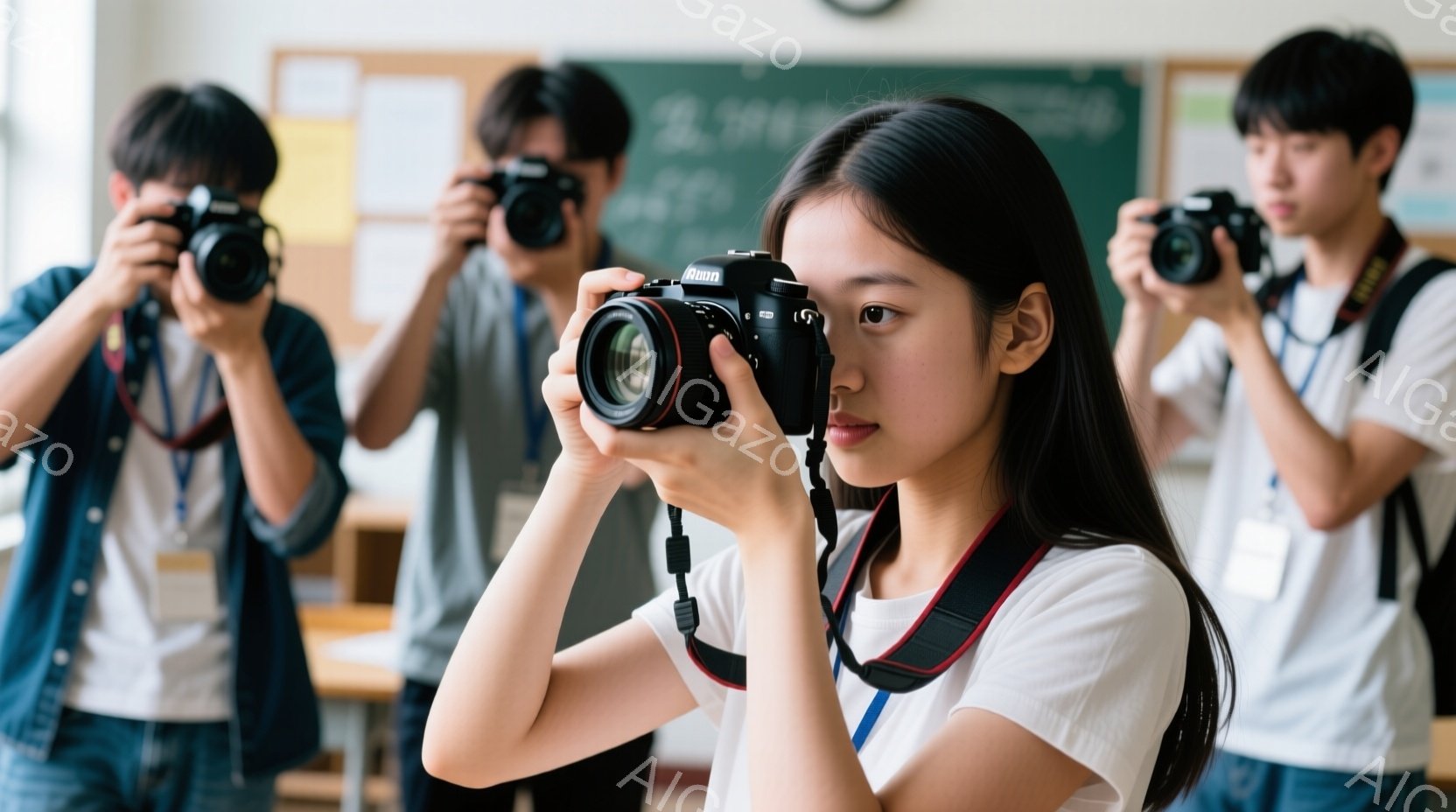 制服を着た女子生徒がカメラを持って撮影している様子が写っています。彼女は長い黒髪で、真剣な表情でカメラを覗き込んでおり、集中している様子が伝わってきます。教室の背景には、他の生徒たちも同じようにカメラを持っており、写真の授業か何かのイベントの様子であることがわかります。