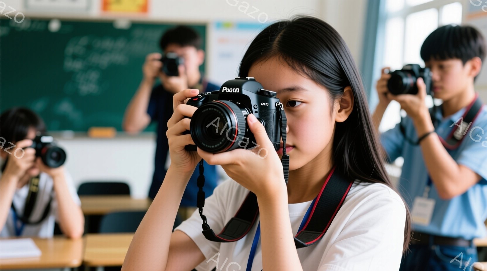 教室の中で、一人の若い女性がカメラを構え、何かを撮影している様子が写っている。彼女は白いシャツと紺色のスカートを着用し、長い黒髪を後ろでまとめており、真剣な表情でカメラのビューファインダーを覗いている。背景には他の生徒たちも同様にカメラを持っており、教室内の明るい光と木製の机が、学習と活動的な雰囲気を醸し出している。