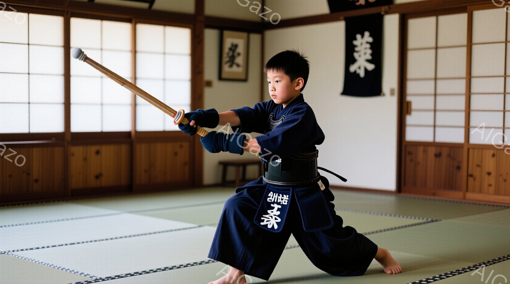 少年は濃い青色の着物のような武道着と黒色の帯を締めており、真剣な表情で竹刀を構えています。彼は片膝をつき、足は肩幅に開き、竹刀を水平に保ち、構えの姿勢をとっています。背景は畳敷きの武道場であり、掛け軸 - AI生成フリー素材