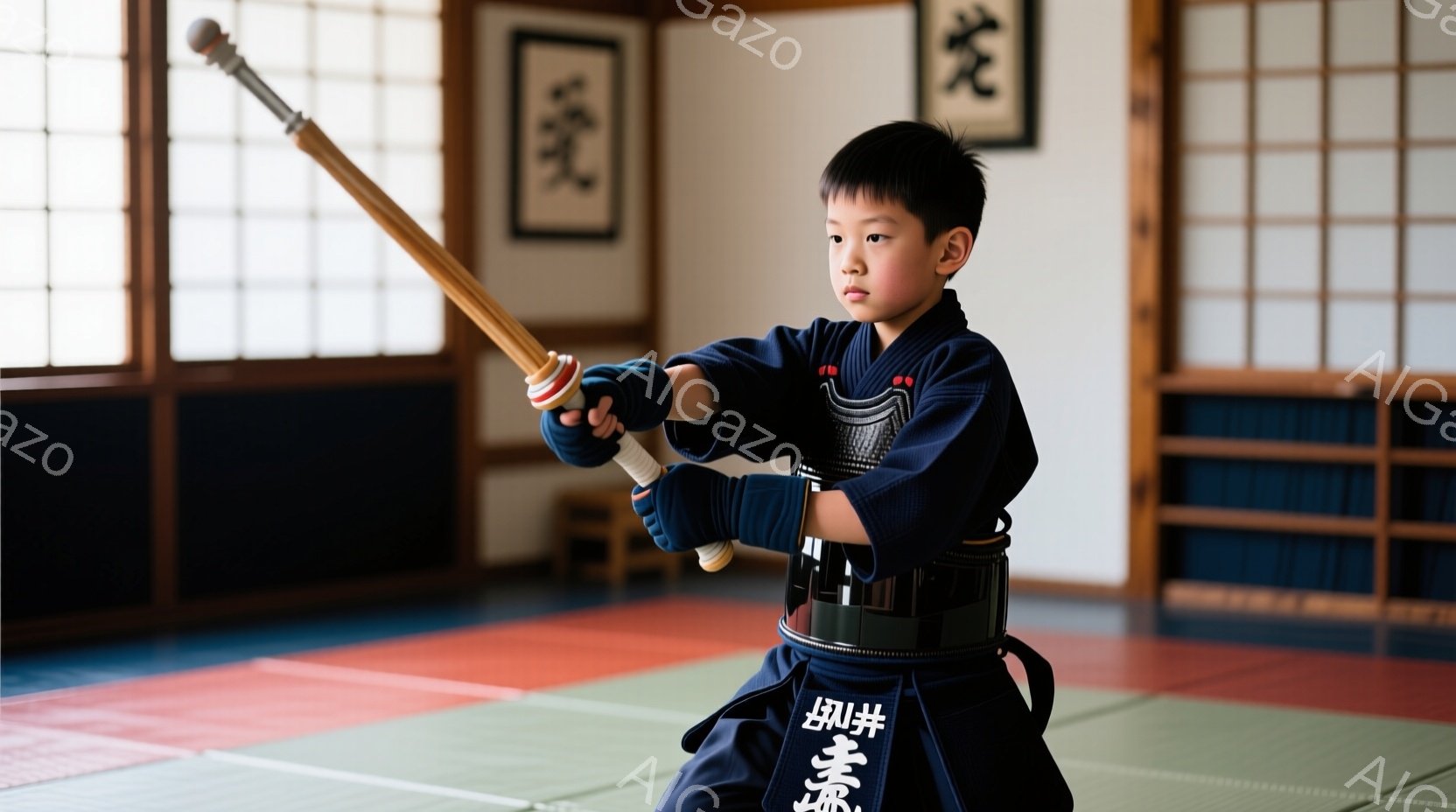 少年は藍色の道着と黒色の帯を締めており、武道の練習をしている様子です。彼は右手に竹刀を持ち、構えをとっています。背景には畳の部屋があり、掛け軸が飾られており、伝統的な武道の雰囲気が漂っています。