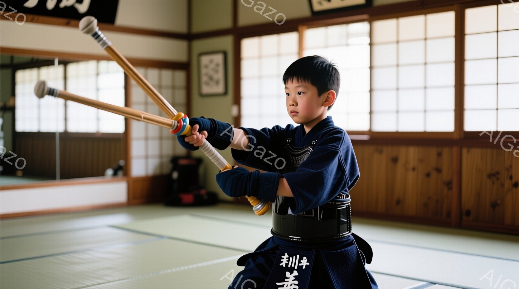 少年は紺色の道着と黒の帯を締め、両手に木刀を持って構えをとっています。真剣な表情で集中しており、動き出す直前の緊張感が伝わってきます。背景には畳敷きの道場と鏡があり、武道の練習風景であることがわかります。