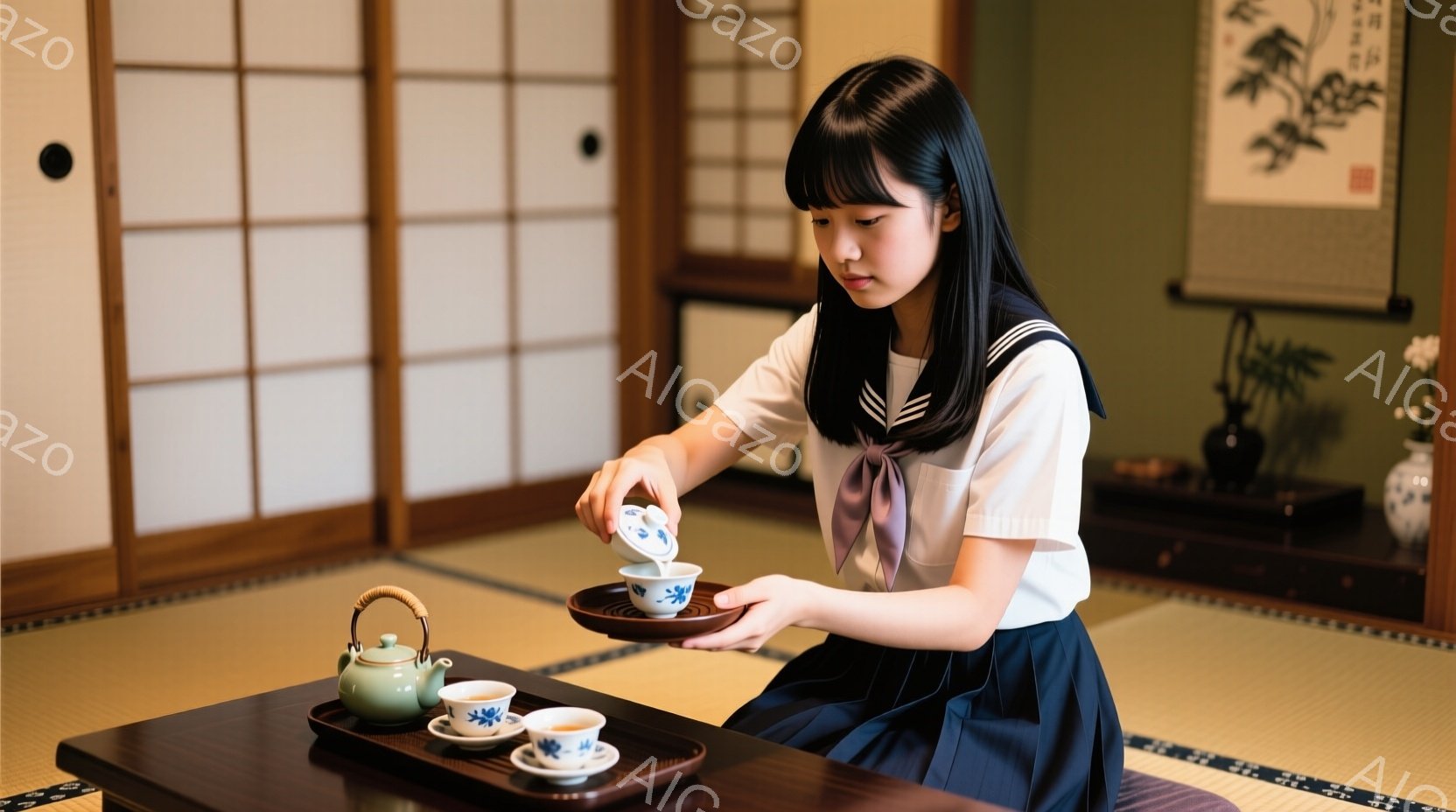 少女は畳の上に座り、茶碗に緑茶を注いでいる。彼女は紺色のリボンとセーラーカラーの白いブラウス、紺色のスカートという制服を着ており、前髪を短く切った髪型をしている。背景には和室の壁や掛け軸、花瓶などが映り、落ち着いた静かな雰囲気が漂っている。