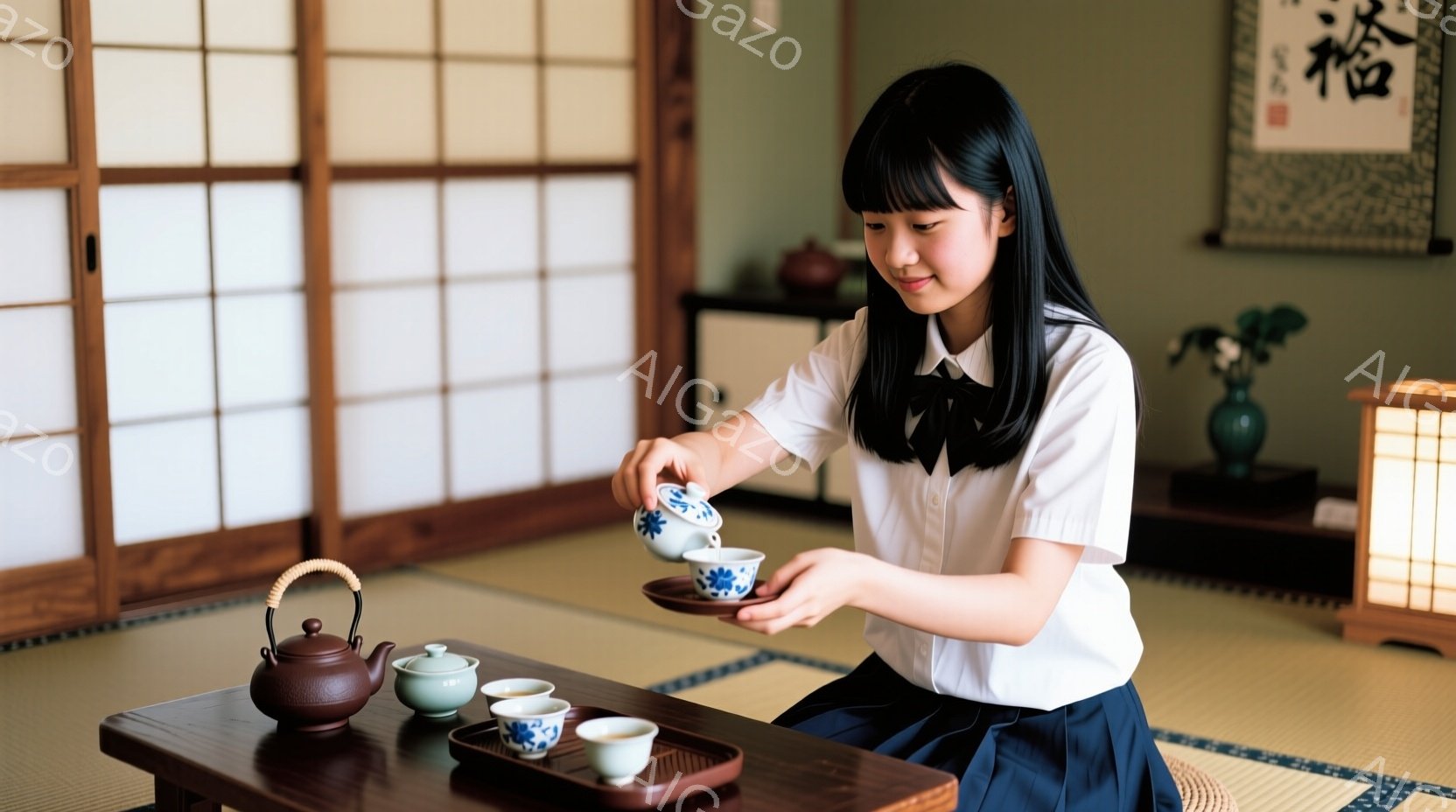 青い制服を着た少女が畳の部屋で茶碗に緑茶を注いでいる。彼女は黒いリボンで髪を結び、少し微笑んでいるように見える。背景には、茶色の木製の低いテーブル、茶色の棚、日本の書道が飾られた壁があり、落ち着いた和の雰囲気を感じさせる。