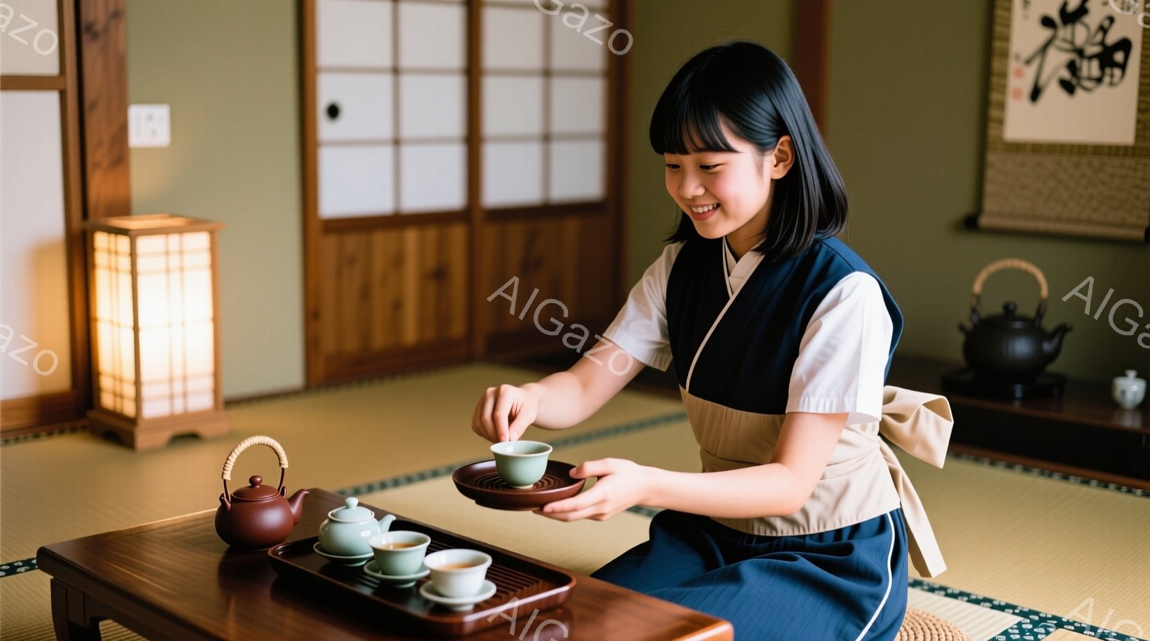紺色の着物にベージュ色の割烹着を身につけた若い女性が、畳の上に座って茶碗に抹茶を点てています。彼女は微笑みを浮かべ、穏やかな表情で優雅に手つきを動かしており、背景には掛け軸と柔らかな光を放つ行灯が見えます。 伝統的な日本家屋の落ち着いた雰囲気の中で、茶道の実践を楽しむ様子が伝わってきます。