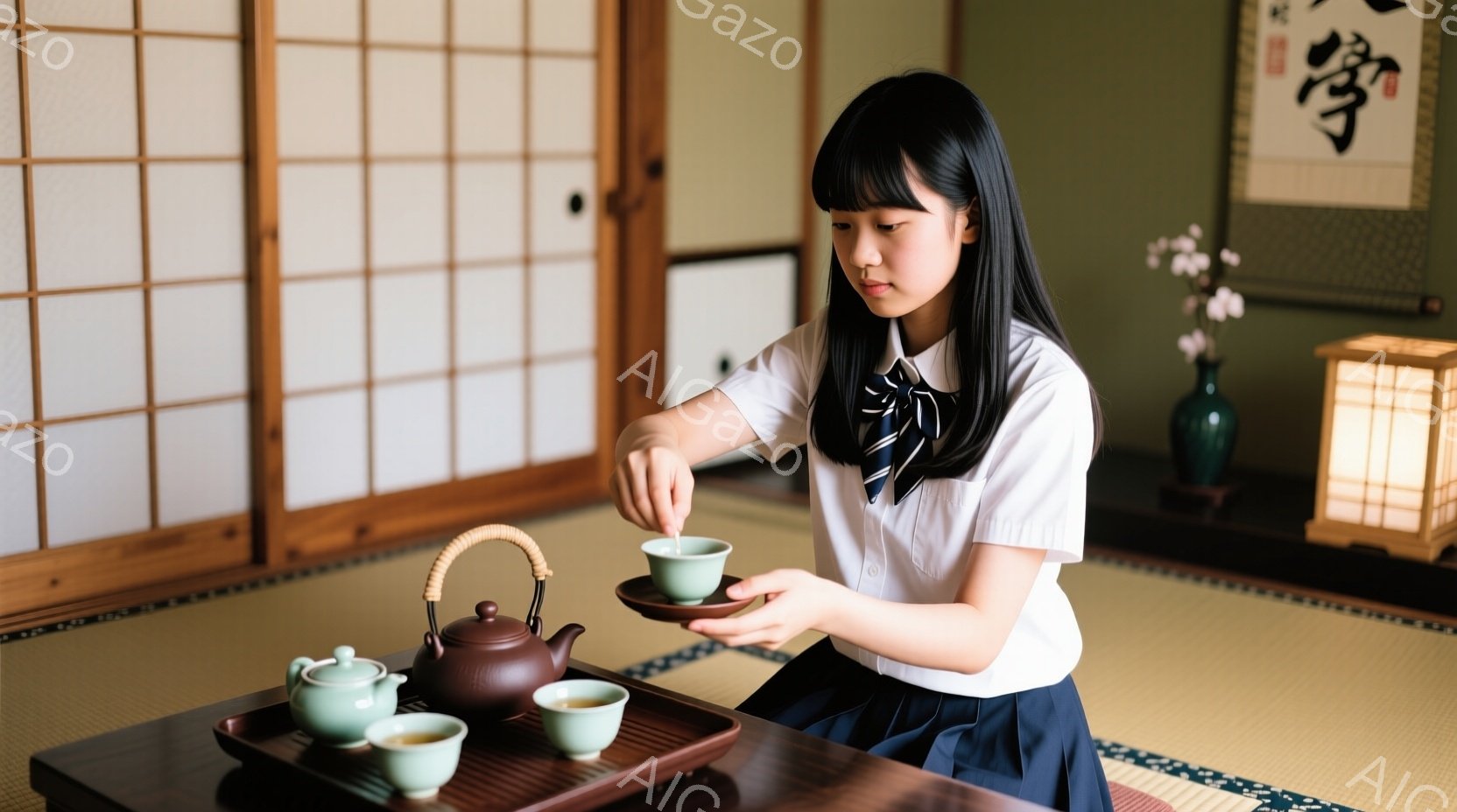 少女は畳の上に座り、茶碗に緑茶を注いでいる。紺色のリボン付きの白いブラウスと紺色のスカートという制服を着ており、前髪を下ろした黒髪が印象的だ。背景には、掛け軸と柔らかな光を放つ提灯が見え、落ち着いた和の雰囲気が漂っている。