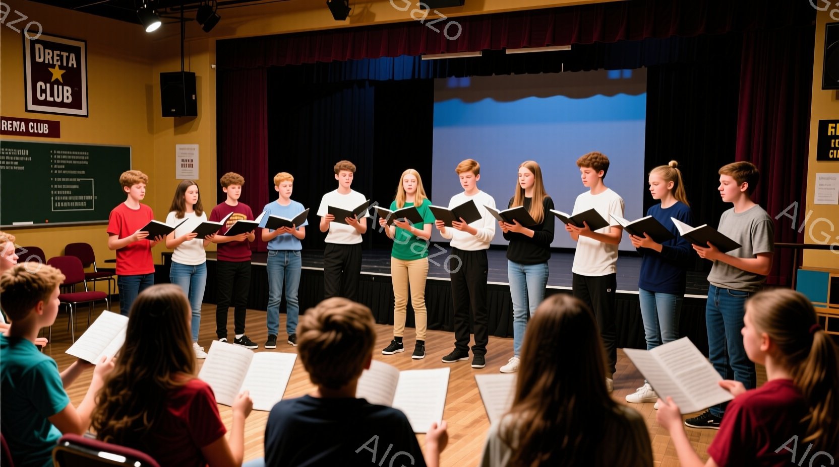 舞台の上で、若い生徒たちが楽譜を手に、円形に並んで歌っている様子が写っている。生徒たちは、Tシャツやセーターなどカジュアルな服装で、集中した表情で歌唱に励んでいる。背景には赤いカーテンがあり、ステージ上には椅子の列が見え、活気のある学校の音楽イベントの雰囲気が漂っている。