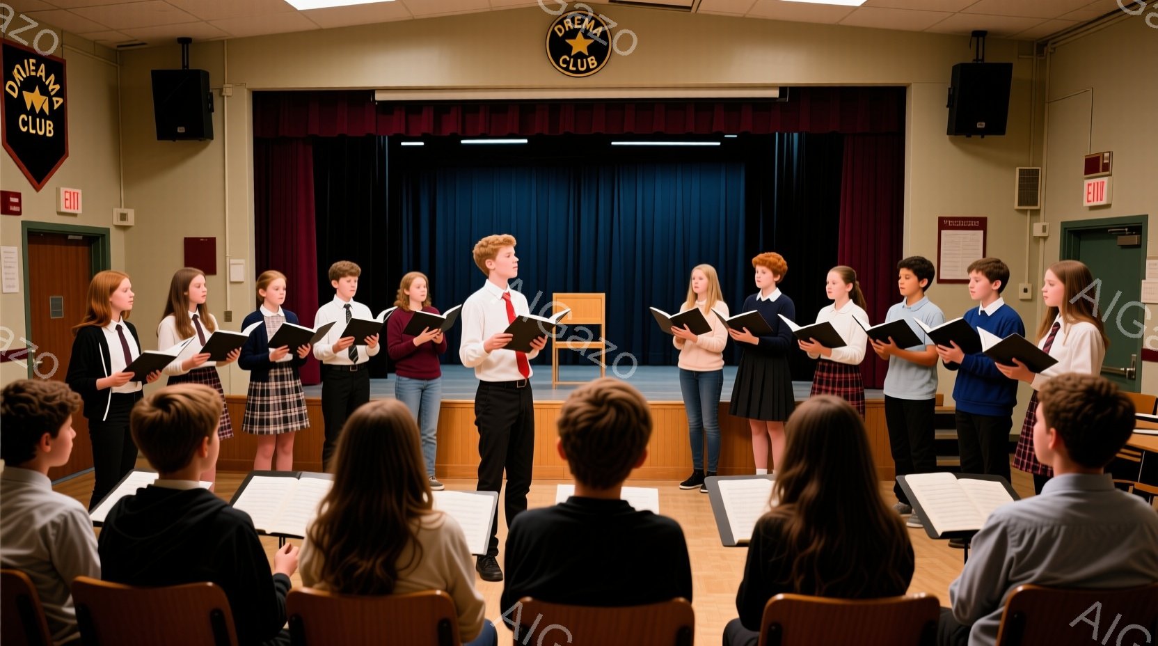 制服を着た中学生や高校生くらいの生徒たちが、ステージの上で楽譜を見ながら合唱している様子が写っている。生徒たちは皆、紺やグレーのブレザーにチェック柄のスカートまたはズボンを着用しており、真剣な表情で歌っている。背景には暗い青色のカーテンが広がり、ステージの奥には照明が設置されている。