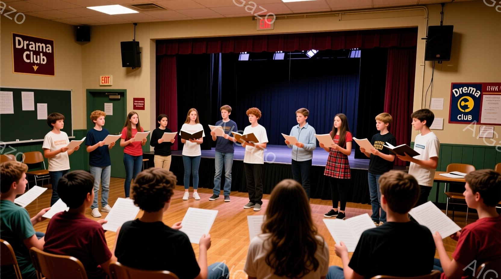 舞台の前に、十数人の青少年が円を描いて立っており、手には楽譜を持っています。彼らはカジュアルな服装で、Tシャツやジーンズ、チェックのシャツなどを着ており、集中した表情で何かを読んでいます。背景には舞台があり、赤いカーテンが下がっていて、部屋全体が演劇クラブのような雰囲気で、練習風景が伺えます。