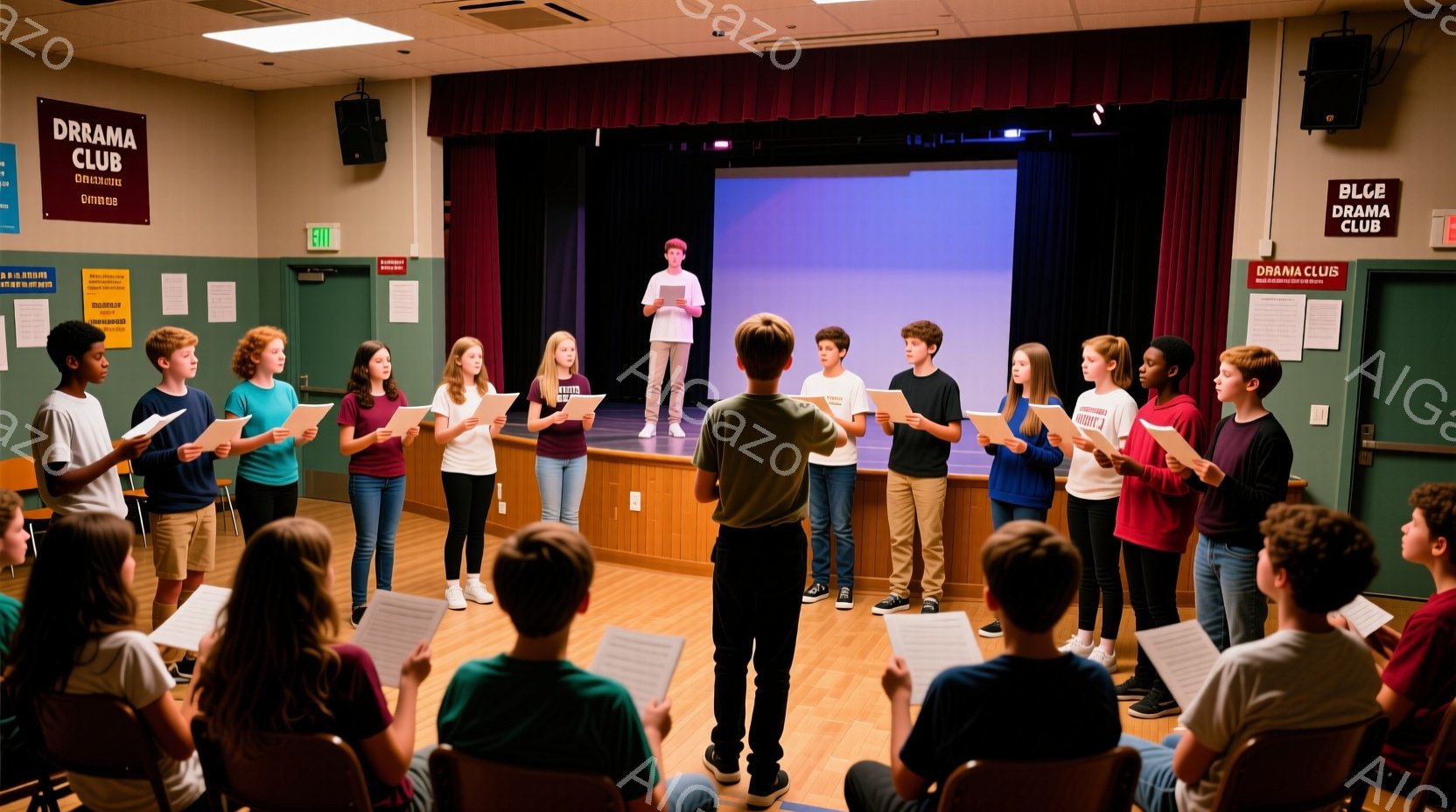 演劇クラブの舞台で、若い生徒たちが脚本を手に、一人の生徒に向かって立っている様子が写っています。生徒たちは様々な色のTシャツやセーターを着ており、真剣な表情で脚本を見つめています。背景には赤いベルベットのカーテンと、クラブを示す看板があり、全体的に活気があり、練習風景を捉えた雰囲気です。