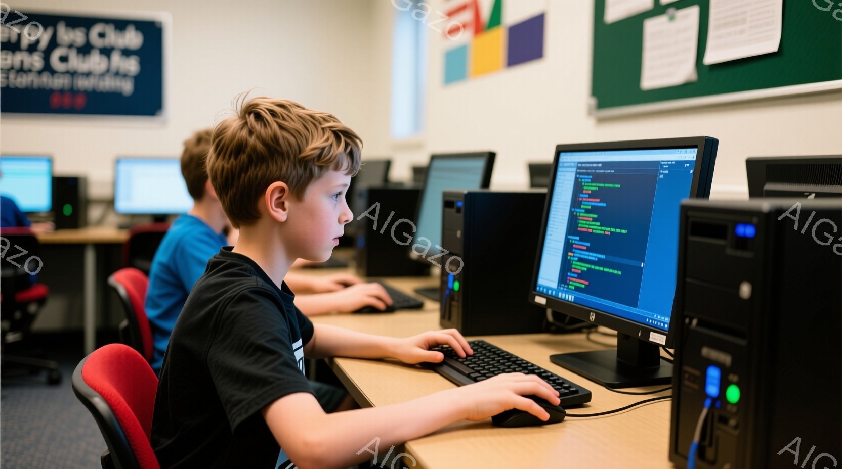 少年がコンピューターの前で作業をしている写真です。黒いTシャツを着ており、茶色の髪は短く整えられています。集中して画面を見つめ、片手でマウスを操作する姿は真剣そのものです。 - AI生成フリー素材