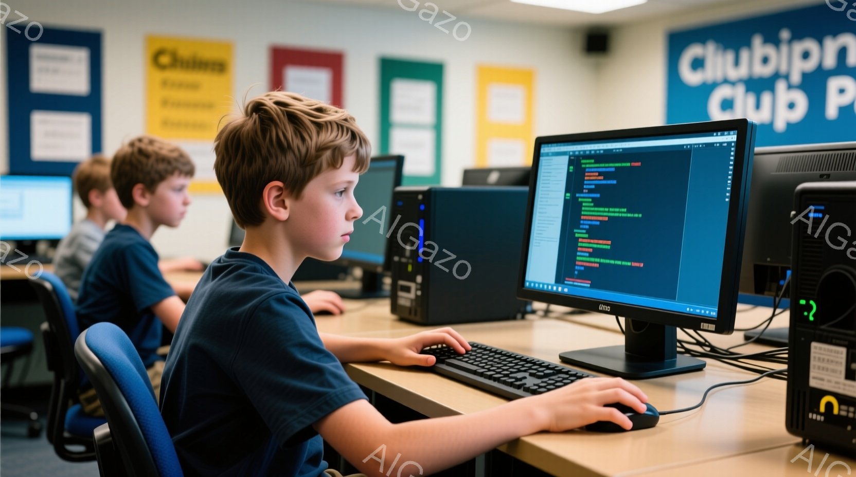 少年がコンピュータの前に座って、真剣な表情でキーボードとマウスを操作している。彼は青いTシャツを着ており、茶色の髪は短く整えられている。背景には、他の生徒やコンピュータ、そして明るい色のポスターが見え、学習環境を示唆している。