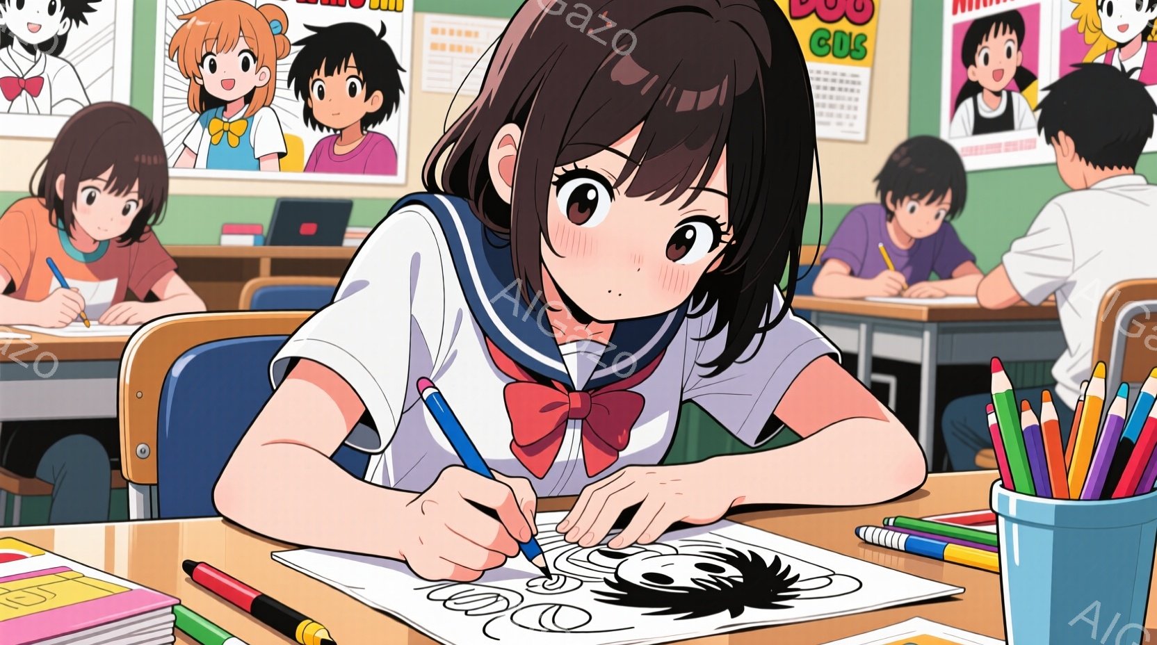 茶髪の少女が教室で絵を描いている様子が描かれています。彼女はセーラー服を着ており、髪を短く切ったスタイルで、集中して絵を描いている表情をしています。教室には他の生徒もおり、机の上には色鉛筆や画用紙が置かれ、活気のある学校の雰囲気が感じられます。