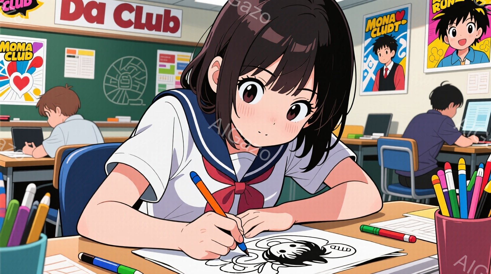 教室で絵を描いている女子学生を描いています。彼女はショートカットで、制服のセーラー服を着ており、集中して絵を描いている様子から真剣な表情がうかがえます。背景には他の生徒やポスターが見え、明るく活気のある教室の雰囲気が伝わってきます。