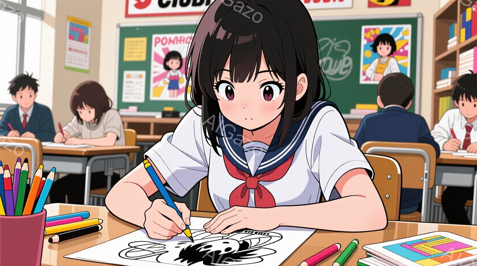 教室の様子で、一人の女子生徒が前かがみになり、何かを描いている様子が描かれています。彼女はセーラー服を着ており、長い黒髪をしています。周りには他の生徒もいますが、彼女に焦点が当てられています。