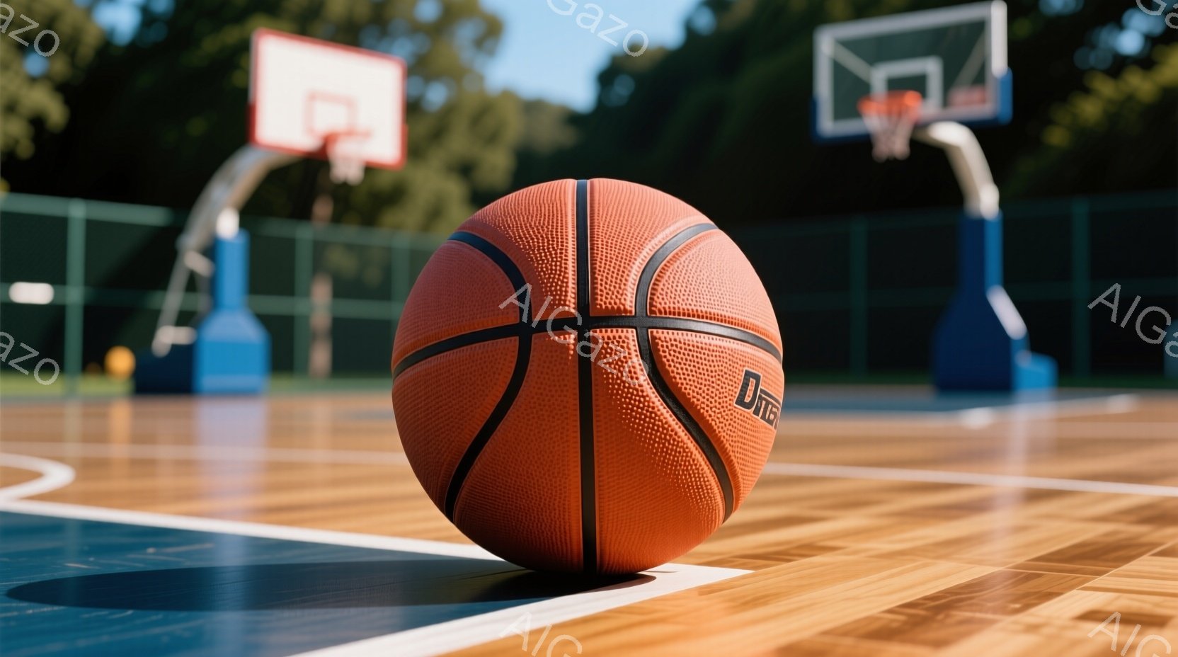 画像は屋外バスケットボールコートに置かれたオレンジ色のバスケットボールを捉えています。コートは青と茶色のラインで区切られ、背景には緑豊かな木々が見え、晴れた空が広がっています。バスケットボールは焦点となっており、コートの明るい色合いと背景の自然が調和して、活気あるスポーツの雰囲気を醸し出しています。