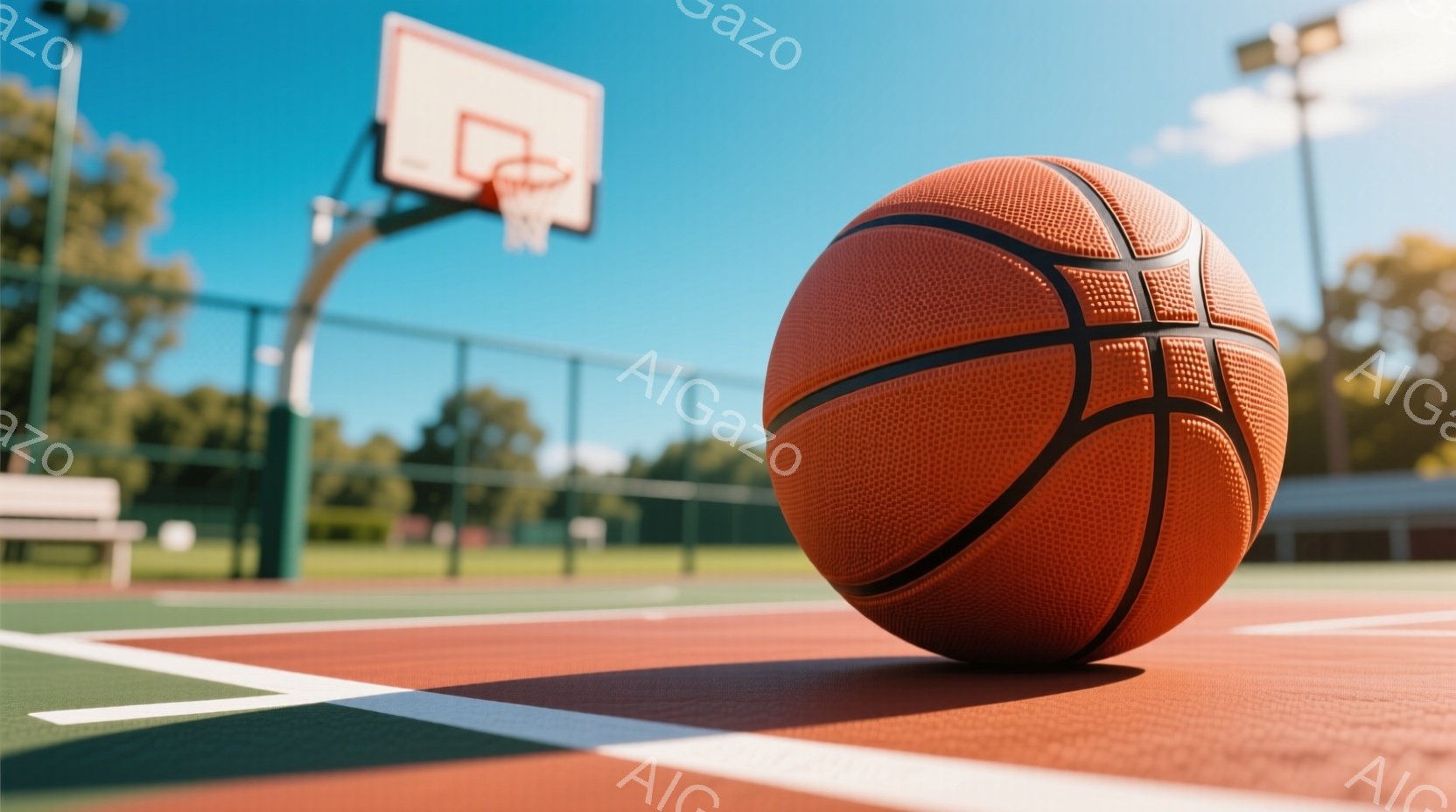 バスケットボールが赤いコートの白い線の上に置かれ、強い影を落としている。背景にはバスケットゴールネットと緑のフェンス、そして青空が広がり、晴れた日の屋外コートの様子が伺える。 全体的に、活気があり、スポーツを楽しむ雰囲気が漂っている。