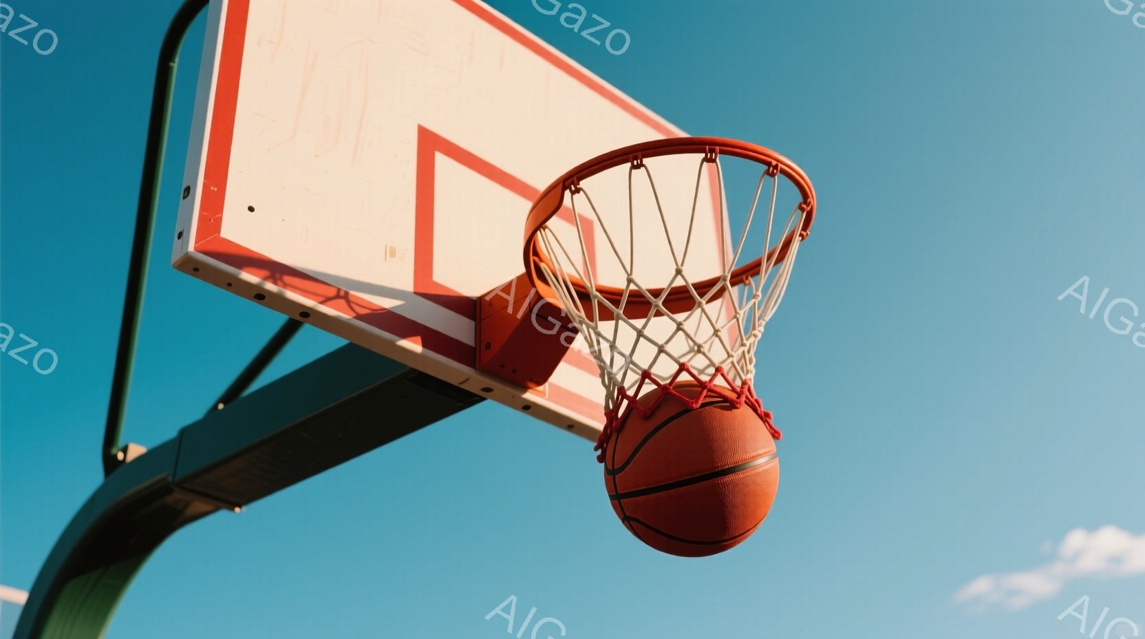バスケットボールがネットを通過してリングの中にあり、鮮やかな青空を背景にしています。リングとバックボードは緑色の支柱によって支えられており、雲がわずかに見えます。全体的に、スポーツの躍動感と晴れた日の爽やかさが伝わる画像です。
