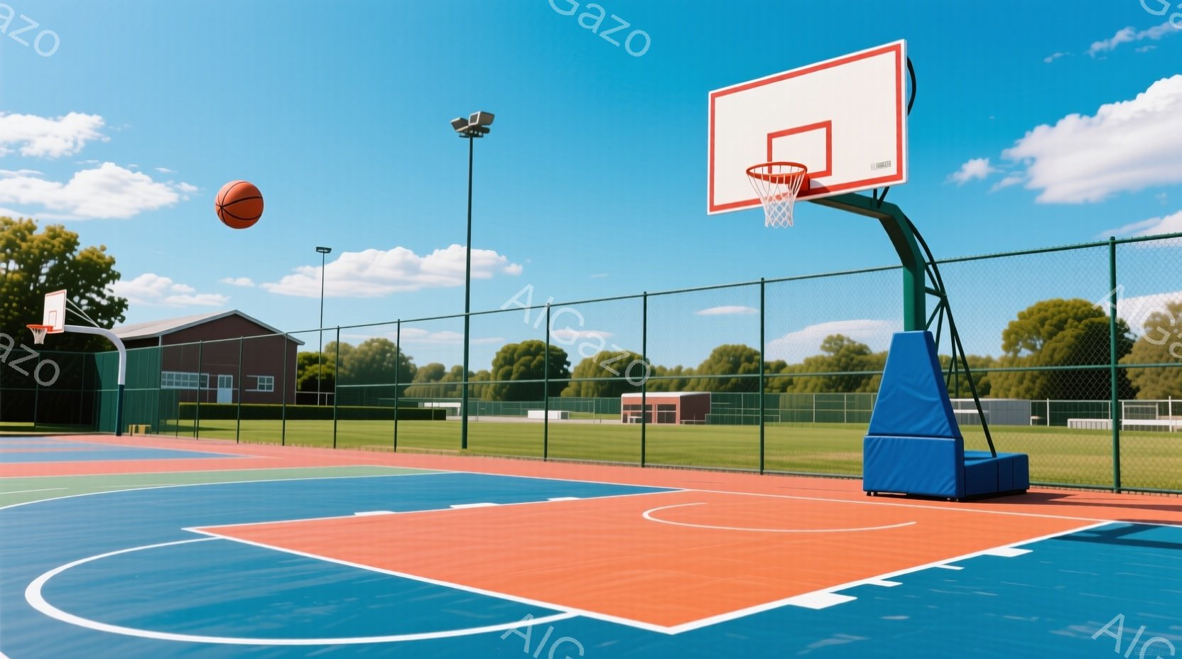 この画像は屋外バスケットボールコートの様子で、明るい晴天の下、コートは赤と青で区画されています。背景には緑豊かな芝生と木々、そして遠くに見える建物があり、コートの端には金属製のフェンスが設置されています。空は青く、雲が浮かび、コートの上にはバスケットボールが空中に舞っている様子が捉えられています。