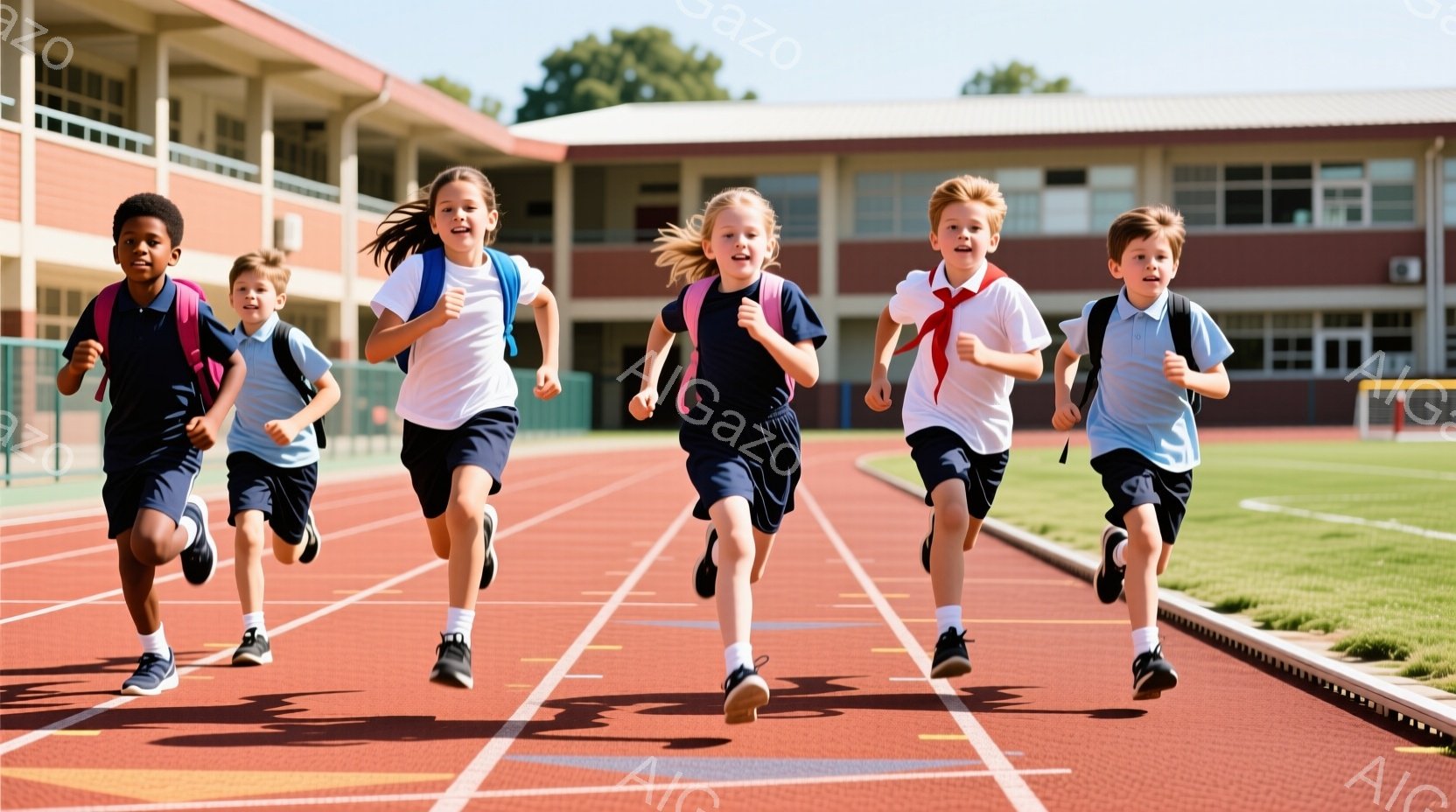 複数の子供たちが競技トラックを走っており、それぞれ学校の制服のような服装をしている。彼らは皆、笑顔で前を向き、活気に満ちた表情をしている。背景にはレンガ造りの建物が見え、晴れた日の屋外で、明るく元気な - AI生成フリー素材