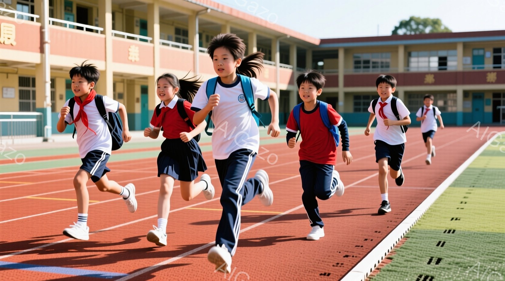 複数の小学生がトラックを走っている様子が写っている。生徒たちは皆、白いシャツに紺色または赤いズボン、そしてリュックサックを背負っており、真剣な表情で走っている。背景には、日差しが降り注ぐ学校の建物が見え、運動会や体育の授業のような、活気のある雰囲気が感じられる。