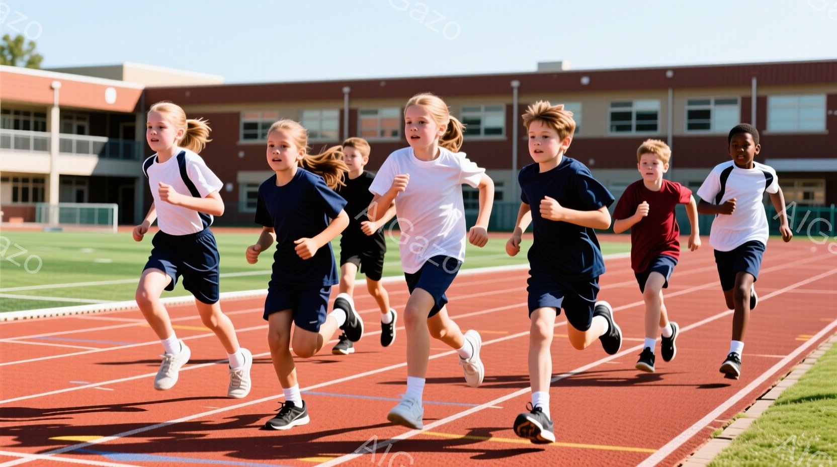 赤いトラックを複数の子供たちが走っている様子が写っている。彼らは皆、白いTシャツと紺色の短パン姿で、髪型は様々だが、額には汗がにじみ、真剣な表情で走っている。背景には、レンガ造りの建物と緑の芝生、そして晴れた空が広がっており、活気に満ちた運動会の雰囲気が伝わってくる。