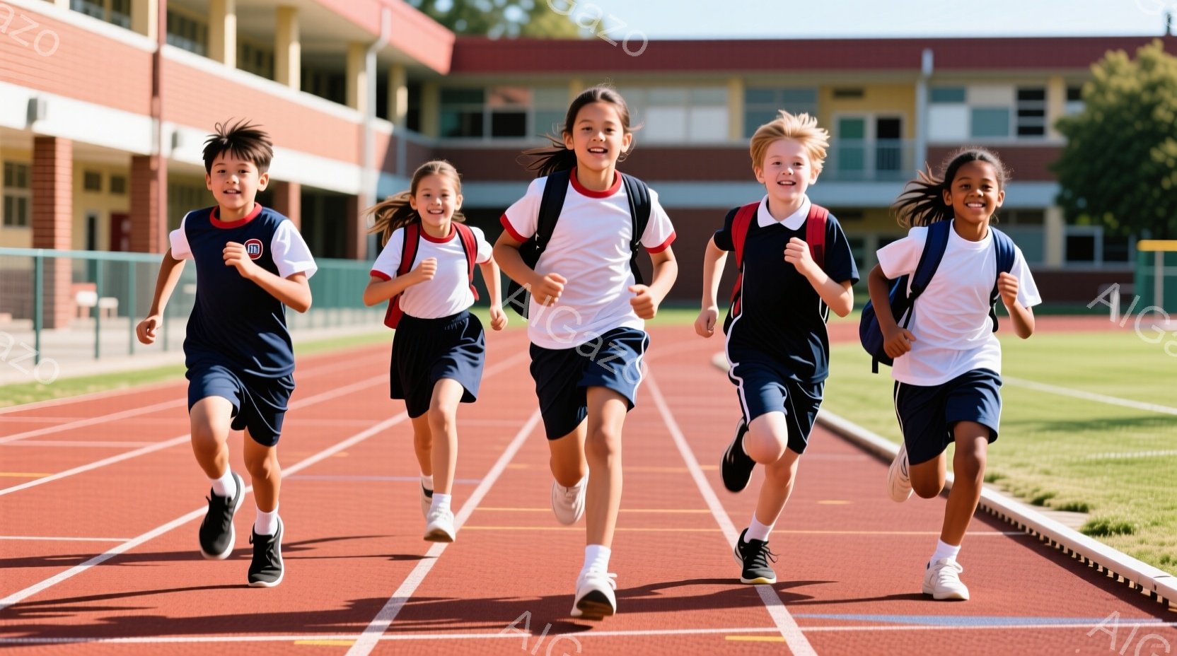 ５人の子供たちがトラックを走っている。それぞれ青い短パンと白いTシャツを着ており、一部には胸にロゴが入っている。背景にはレンガ色の建物と緑の芝生が見え、晴れた日の屋外で運動している様子が伝わる、活気あ - AI生成フリー素材