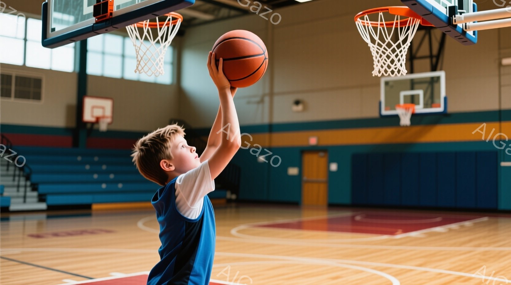 少年はバスケットボールコートで、オレンジ色のバスケットボールを高く掲げ、シュートの準備をしている。彼は青いタンクトップと白いインナーを着ており、短髪で、集中した表情をしている。コートは木製で、背景には青い観客席やゴールが見え、体育館の明るい雰囲気を感じさせる。