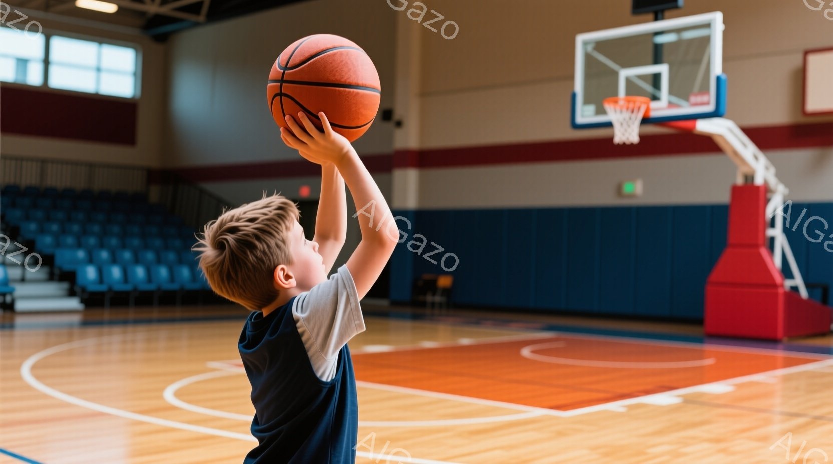 少年はバスケットボールコートでシュートをしようとしています。彼は青いTシャツと白い下着を着ており、髪は短くブロンドです。背景には赤い座席とバスケットゴールがあり、コートは明るい木製で、全体的に活動的で - AI生成フリー素材