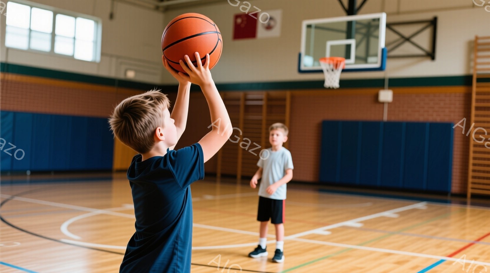 少年がバスケットボールコートでシュートの準備をしています。彼は濃い青色のTシャツを着ており、後ろ姿からは髪型や表情はわかりません。コートの壁は青色とベージュのパネルで覆われ、遠くには別の少年が立っており、彼は薄いグレーのTシャツと黒いショーツを着用し、バスケットボールのゴールを見つめています。
