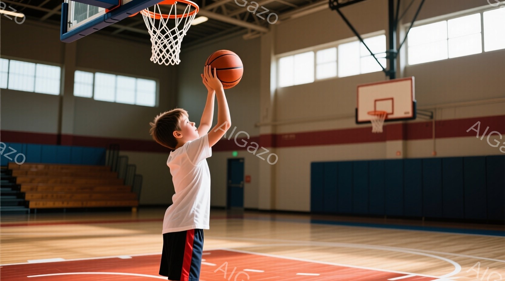 少年はバスケットボールコートでシュートをしようとしています。白いTシャツと赤いショーツを身につけ、髪は短く整えられています。背景には青い壁と観客席があり、体育館の明るい雰囲気が伝わってきます。
