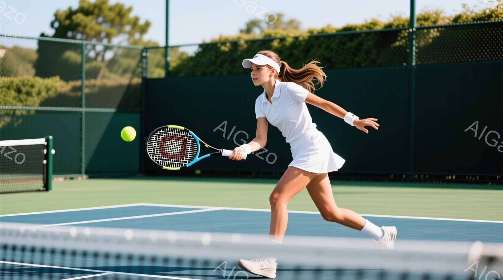 テニスをする若い女性が写っている。彼女は白い帽子、白いTシャツ、短い白いスカート、白いテニスシューズを身につけている。彼女はネットに向かって走り、テニスラケットでボールを打とうとしている姿勢で、集中した表情をしている。