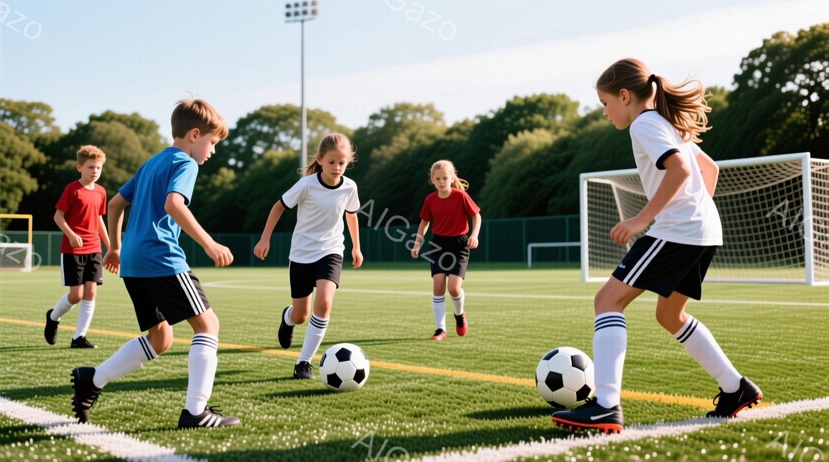 少年少女たちがサッカーの試合をしている様子が写っています。青いシャツと黒いショーツの少年、白いシャツと黒いショーツの少女、赤いシャツと黒いショーツの少女が、緑色の芝生の上をボールを追いかけながら走って - AI生成フリー素材