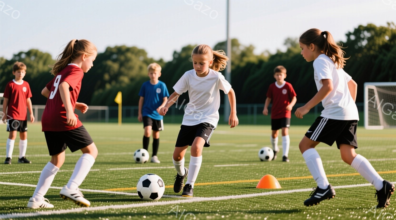 緑の人工芝のサッカー場で、複数の子供たちがサッカーの練習をしている様子が写っている。白、赤、青のサッカーユニフォームを着た子供たちは、ボールを追いかけたり、ドリブルしたり、活発に動き回っている。背景には木々が見え、晴れた空の下、子供たちは元気にサッカーを楽しんでいる様子が伺える。